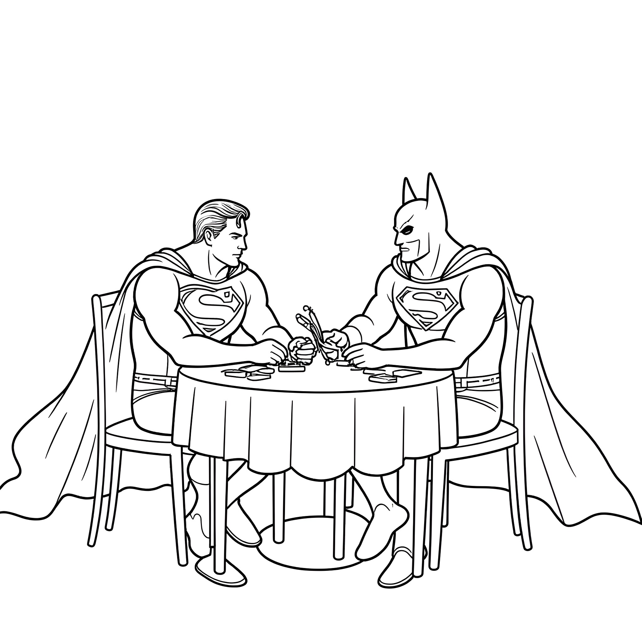Superman and Batman having a friendly discussion Coloring Page (free black-and-white line drawing printable PDF for all, from beginners to advanced learners, including children, teens, adults, and seniors)