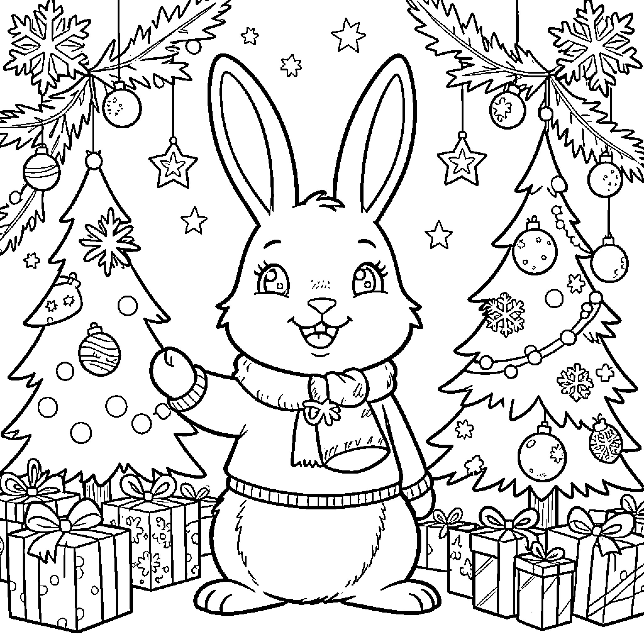 Rabbit wearing a scarf amidst festive Christmas trees Coloring Page (free black-and-white line drawing printable PDF for all, from beginners to advanced learners, including children, teens, adults, and seniors)