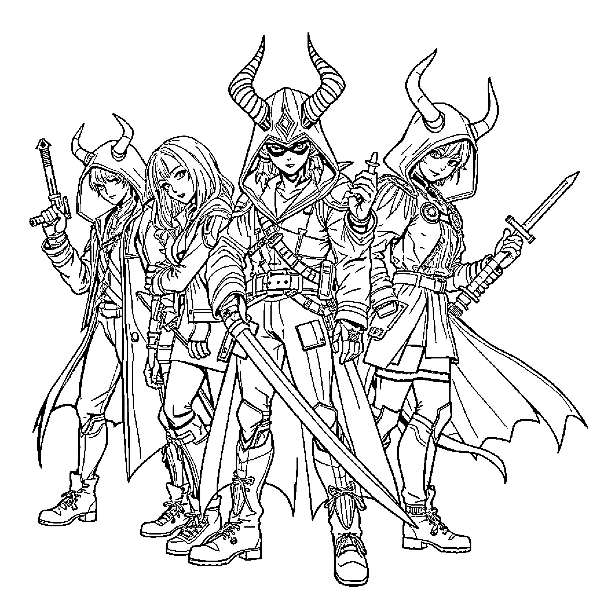 Kpop Group Striking Fierce Poses in Sci-Fi Outfits Coloring Page (free black-and-white line drawing printable PDF for all, from beginners to advanced learners, including children, teens, adults, and seniors)