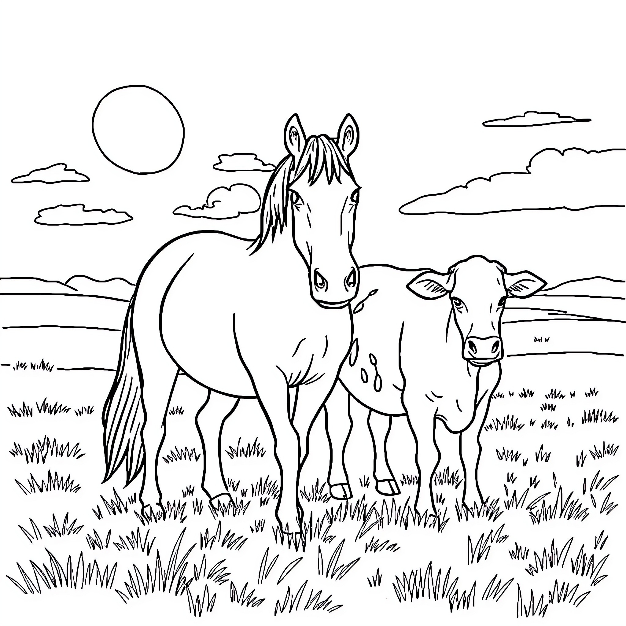 Horse and cow standing in a field Coloring Page (free black-and-white line drawing printable PDF for all, from beginners to advanced learners, including children, teens, adults, and seniors)