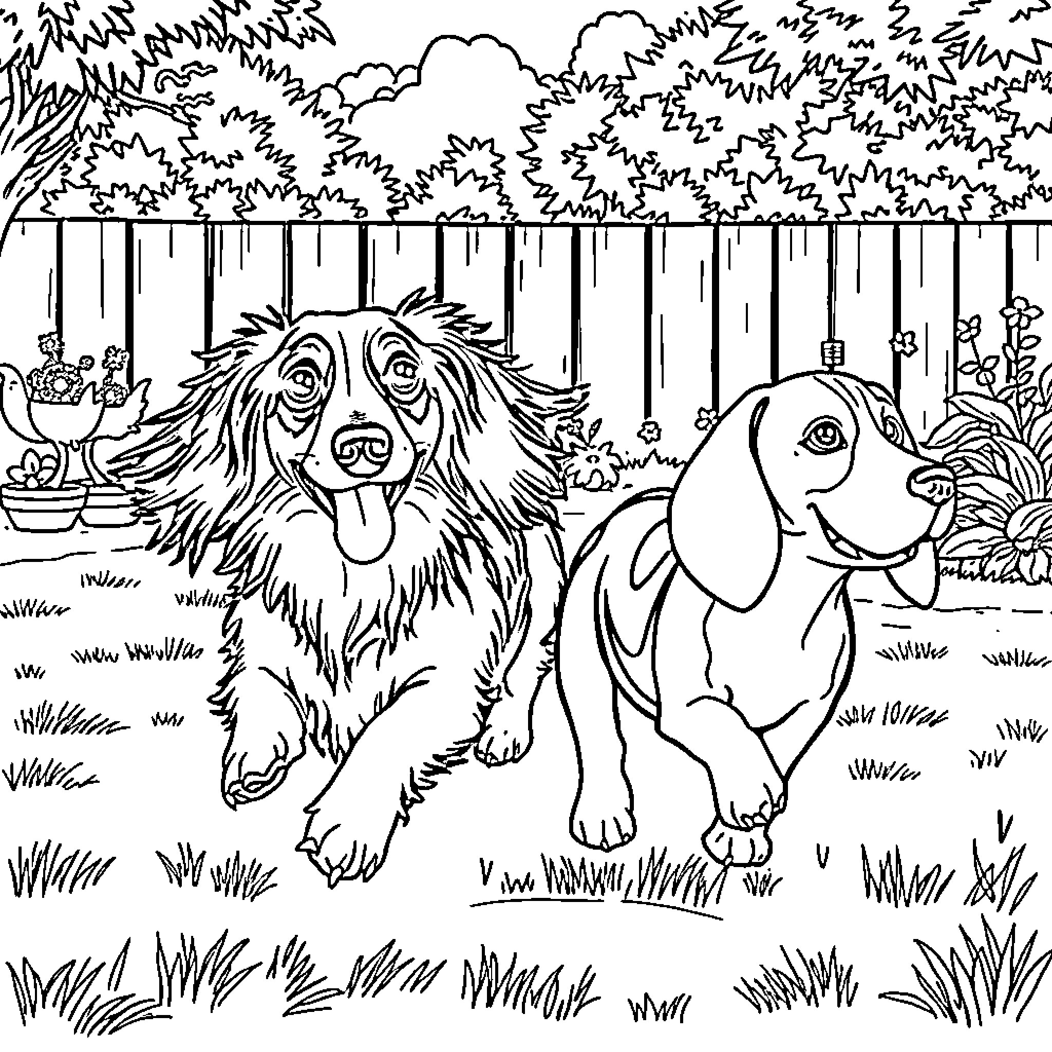 Dachshund dogs playing happily in the backyard Coloring Page (free black-and-white line drawing printable PDF for all, from beginners to advanced learners, including children, teens, adults, and seniors)