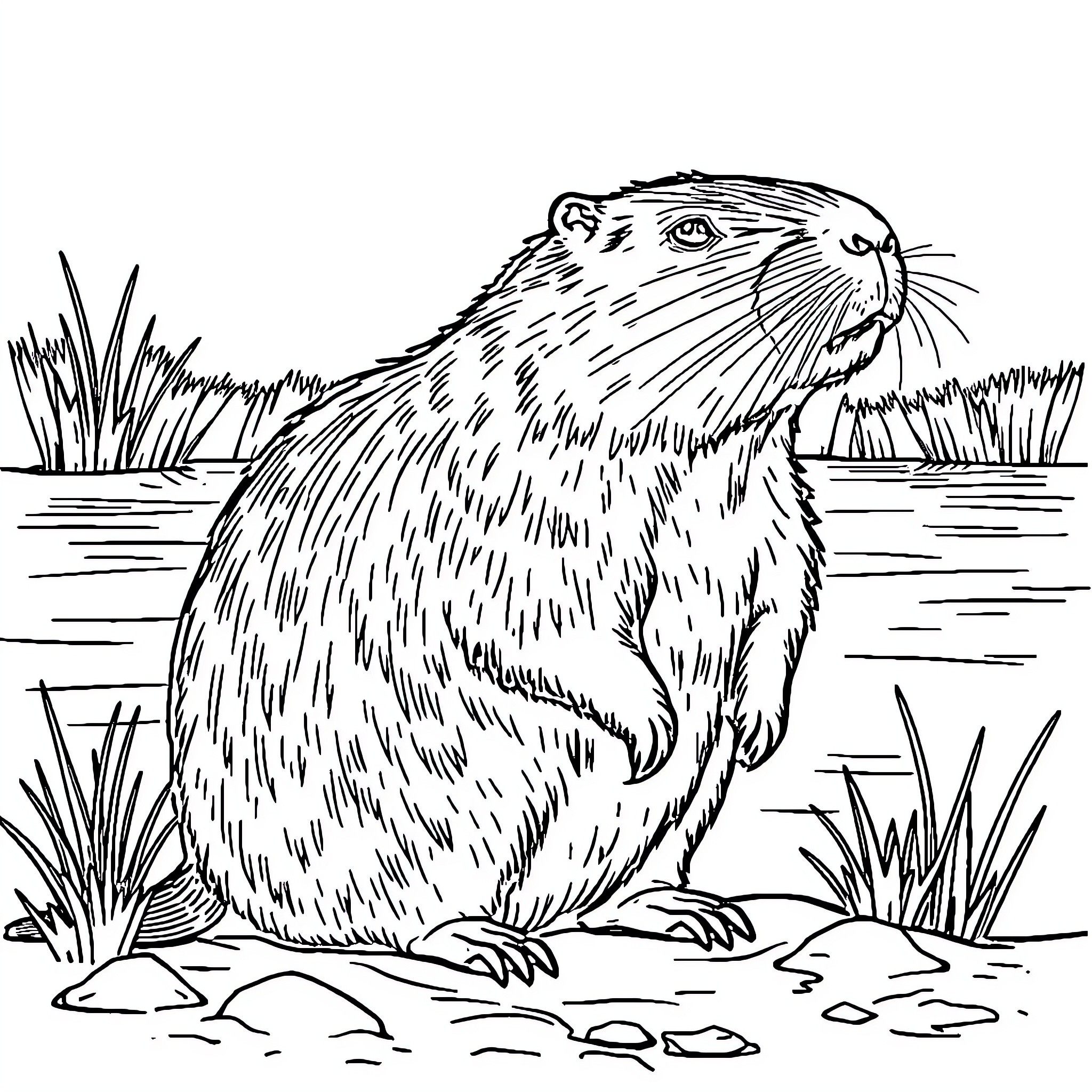 Capybara resting peacefully in the marsh Coloring Page (free black-and-white line drawing printable PDF for all, from beginners to advanced learners, including children, teens, adults, and seniors)