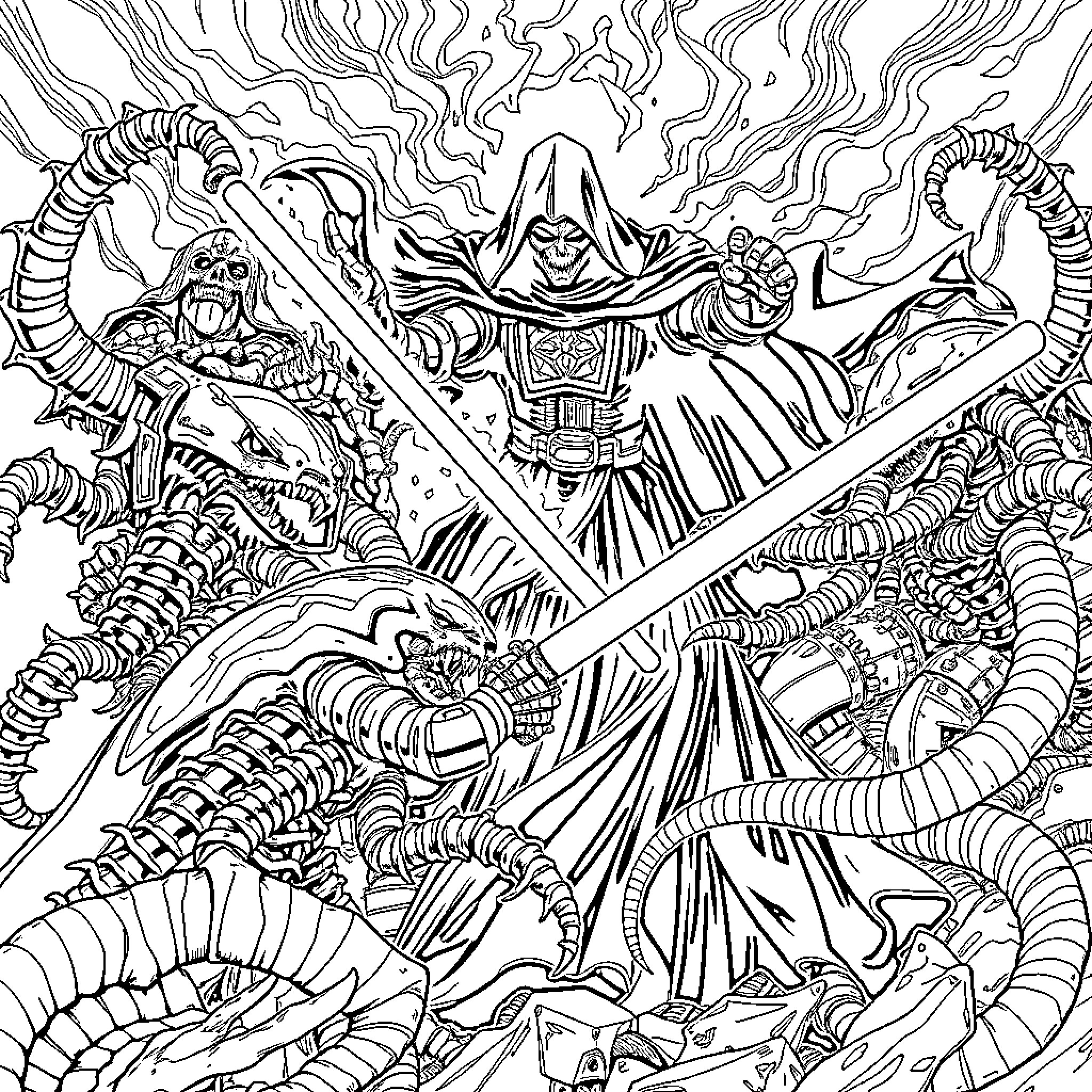 Tyranid Warrior Confronting Sinister Alien Creatures Coloring Page (free black-and-white line drawing printable PDF for all, from beginners to advanced learners, including children, teens, adults, and seniors)