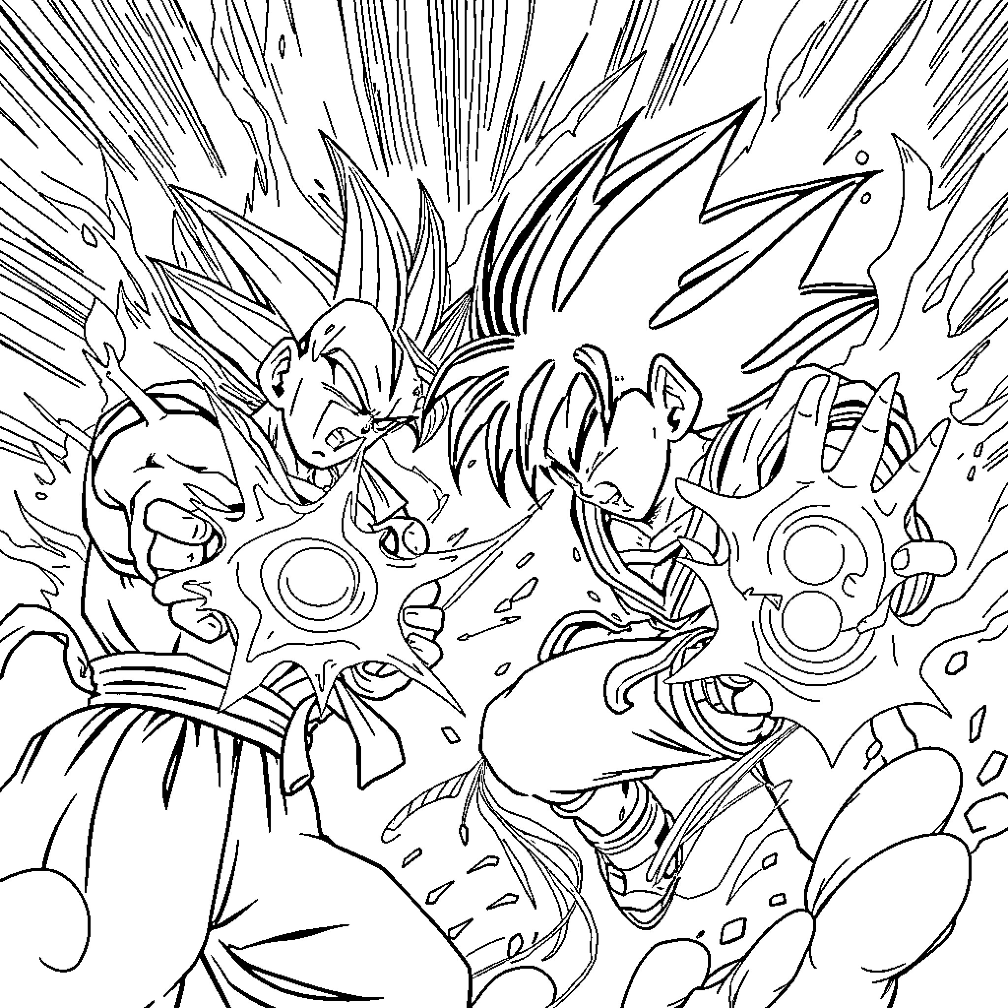 Dragon Ball Z: Intense Battle Between Fighters Coloring Page (free black-and-white line drawing printable PDF for all, from beginners to advanced learners, including children, teens, adults, and seniors)