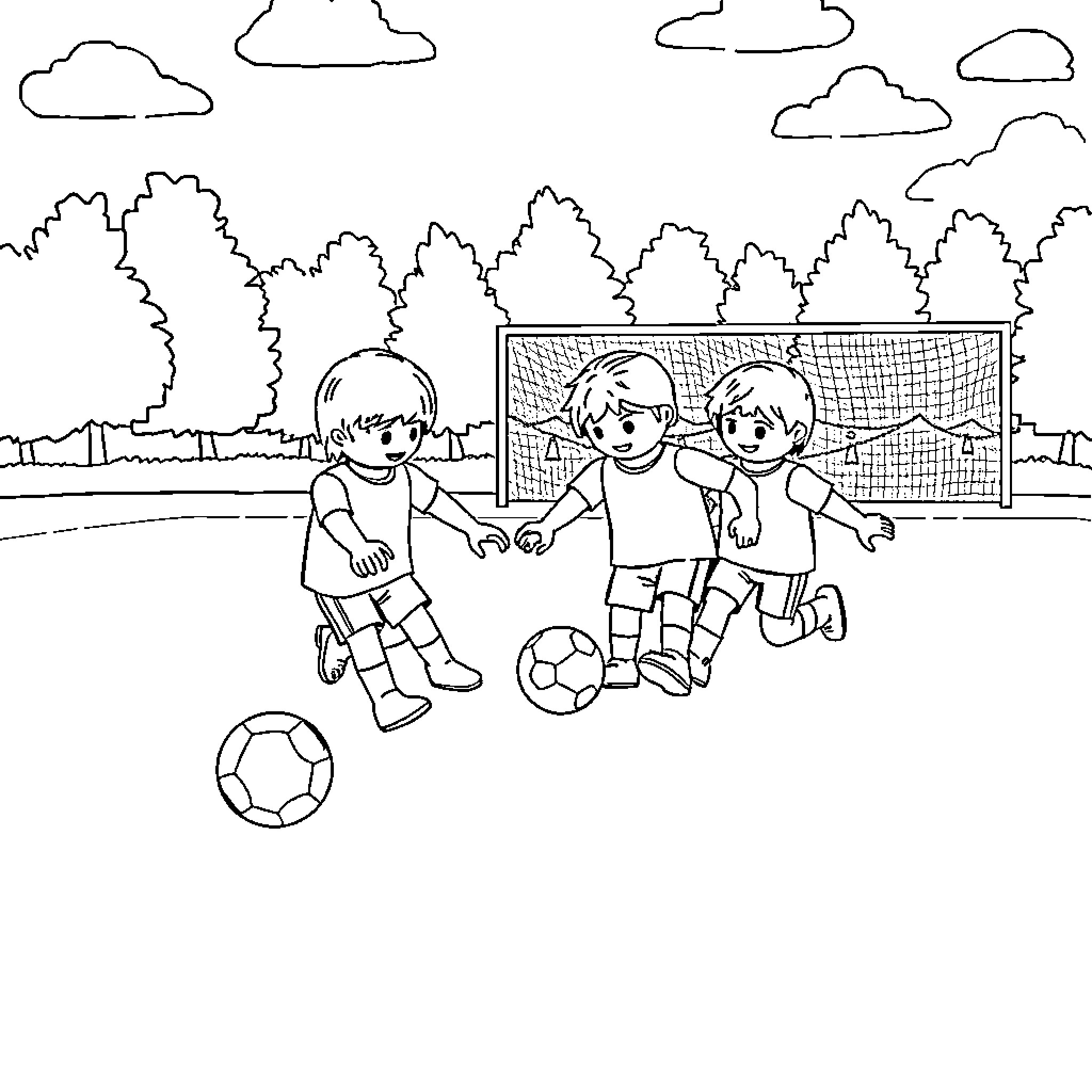 Playmobil children playing soccer on field Coloring Page (free black-and-white line drawing printable PDF for all, from beginners to advanced learners, including children, teens, adults, and seniors)