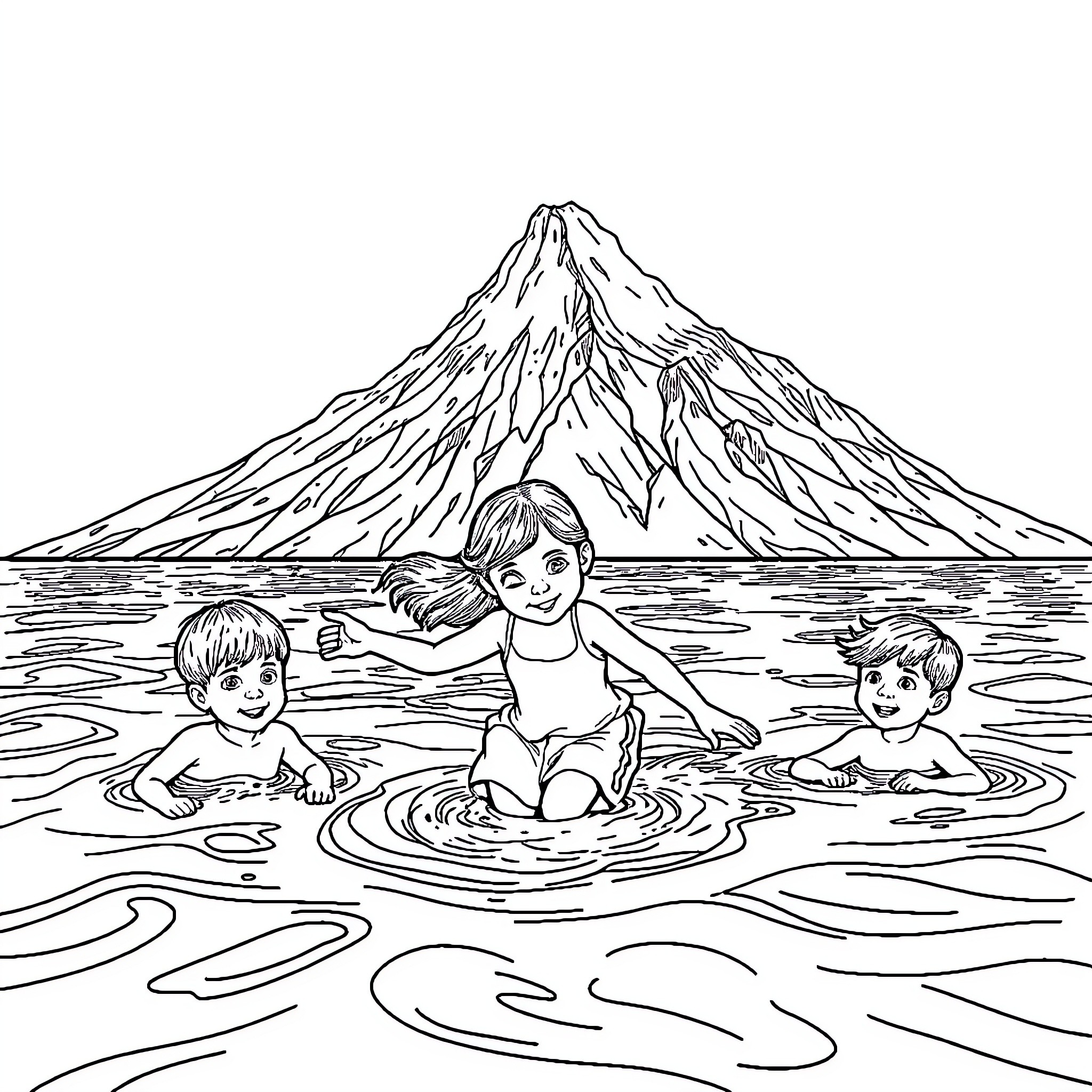 Girl playing in the serene lake with mountain view Coloring Page (free black-and-white line drawing printable PDF for all, from beginners to advanced learners, including children, teens, adults, and seniors)
