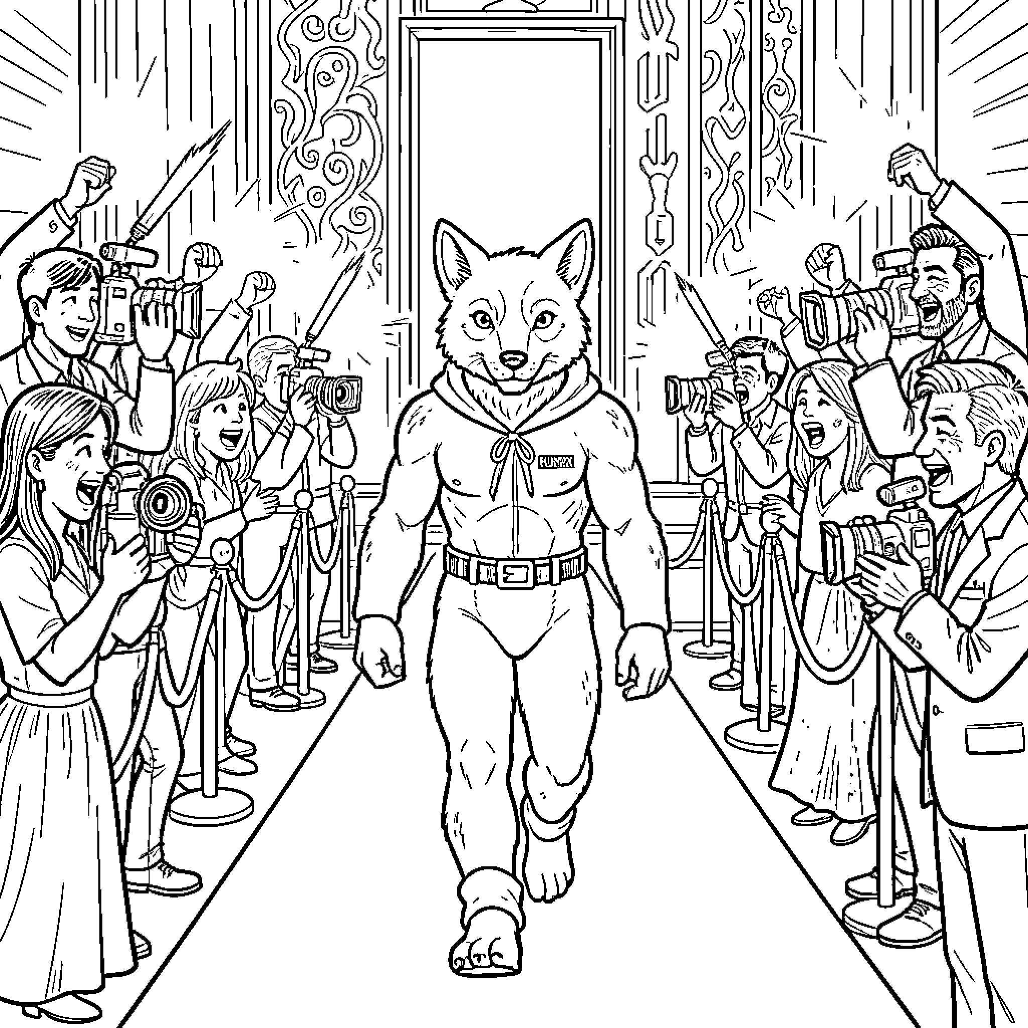 Huntrx Superhero Fox Walks Red Carpet Surrounded by Paparazzi Coloring Page (free black-and-white line drawing printable PDF for all, from beginners to advanced learners, including children, teens, adults, and seniors)