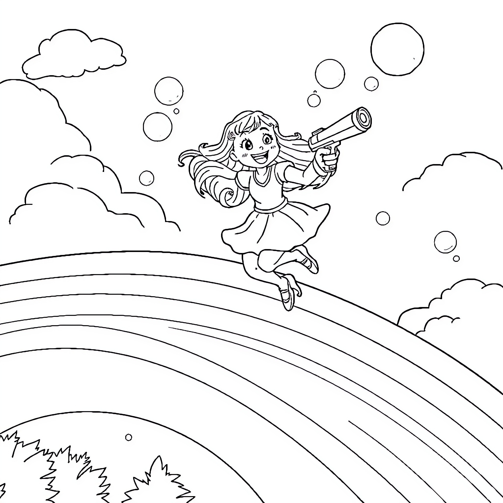 Moria Casan playing happily with bubbles in the sky Coloring Page (free black-and-white line drawing printable PDF for all, from beginners to advanced learners, including children, teens, adults, and seniors)
