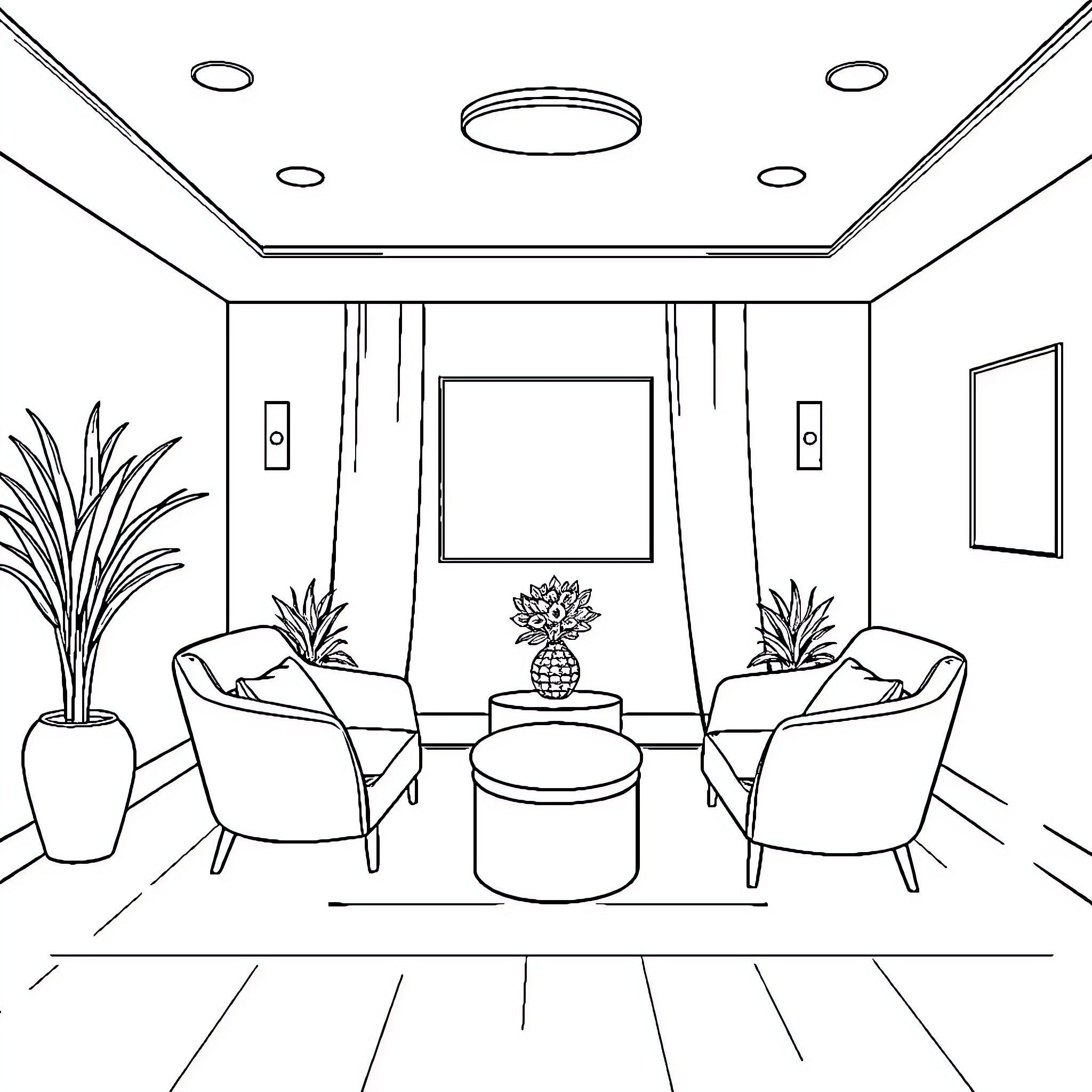 Therapy Room with Cozy Furniture and Decor Coloring Page (free black-and-white line drawing printable PDF for all, from beginners to advanced learners, including children, teens, adults, and seniors)