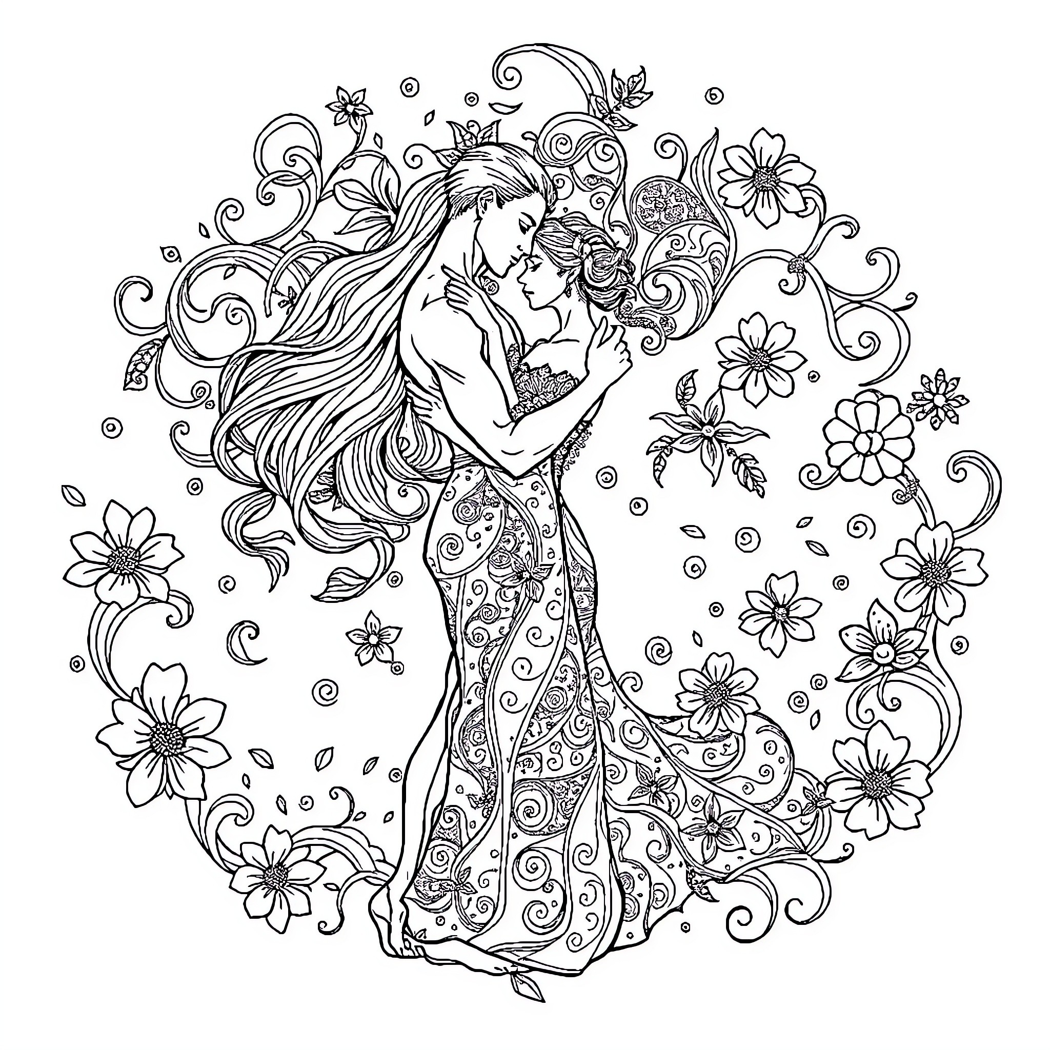 Dance of Floral Grace and Beauty Coloring Page (free black-and-white line drawing printable PDF for all, from beginners to advanced learners, including children, teens, adults, and seniors)