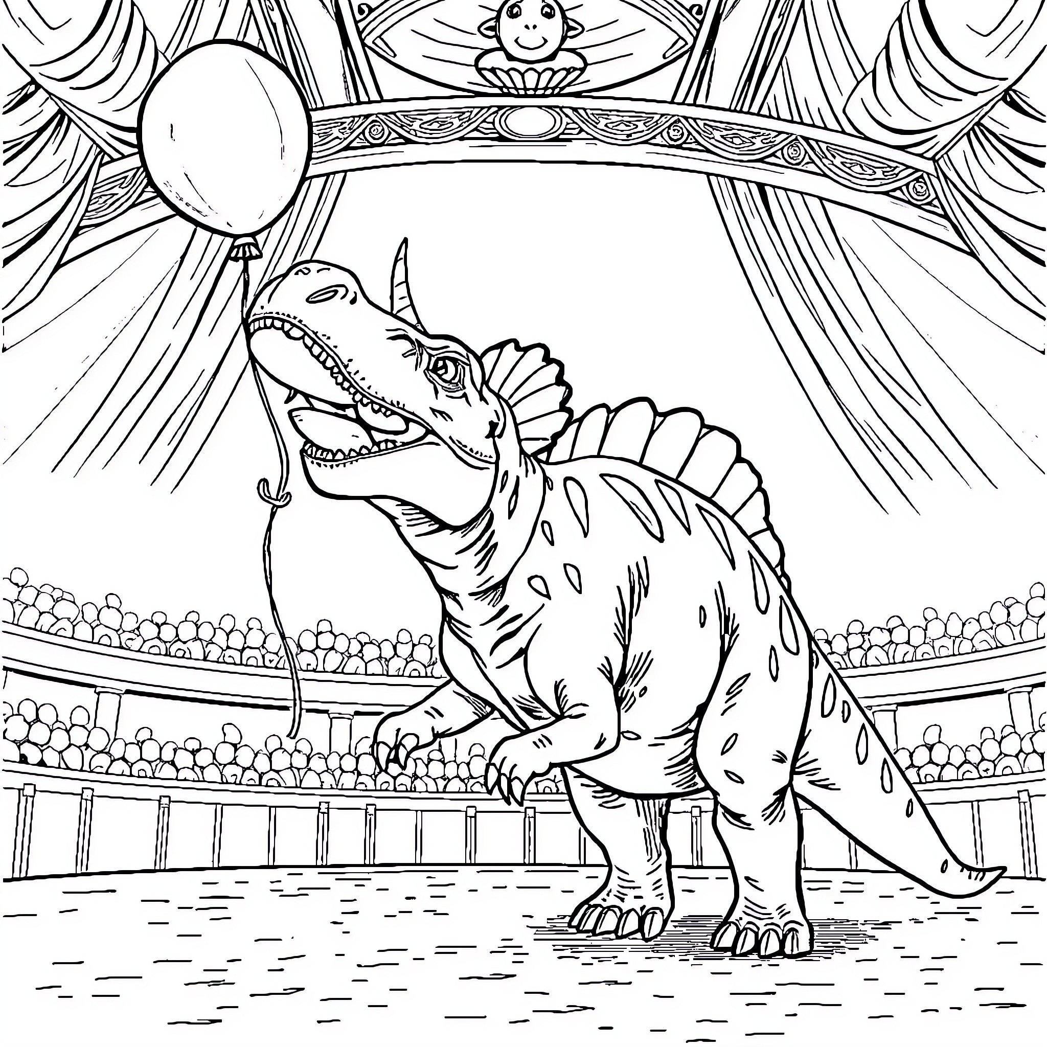 Tyrannosaurus in a Magical Circus Arena Coloring Page (free black-and-white line drawing printable PDF for all, from beginners to advanced learners, including children, teens, adults, and seniors)