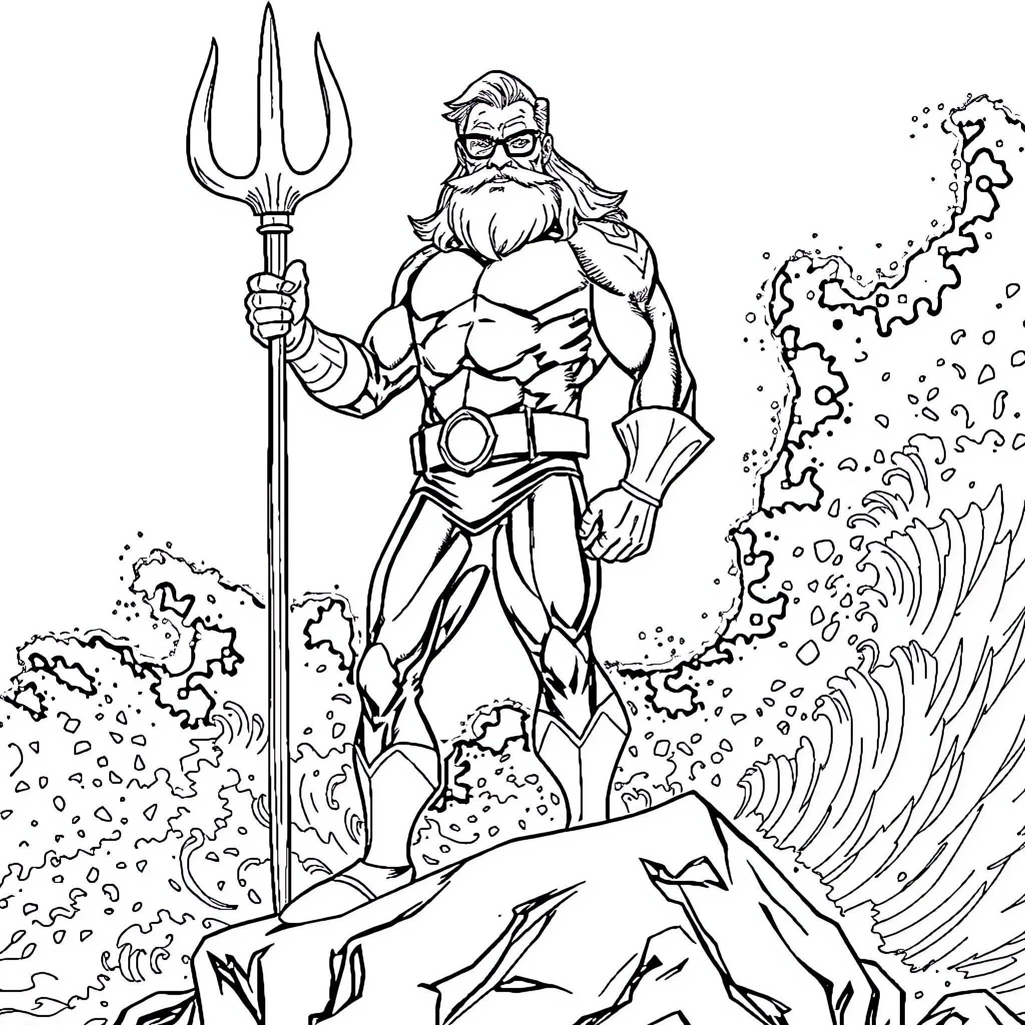 Aquaman wielding his mighty trident in the ocean Coloring Page (free black-and-white line drawing printable PDF for all, from beginners to advanced learners, including children, teens, adults, and seniors)
