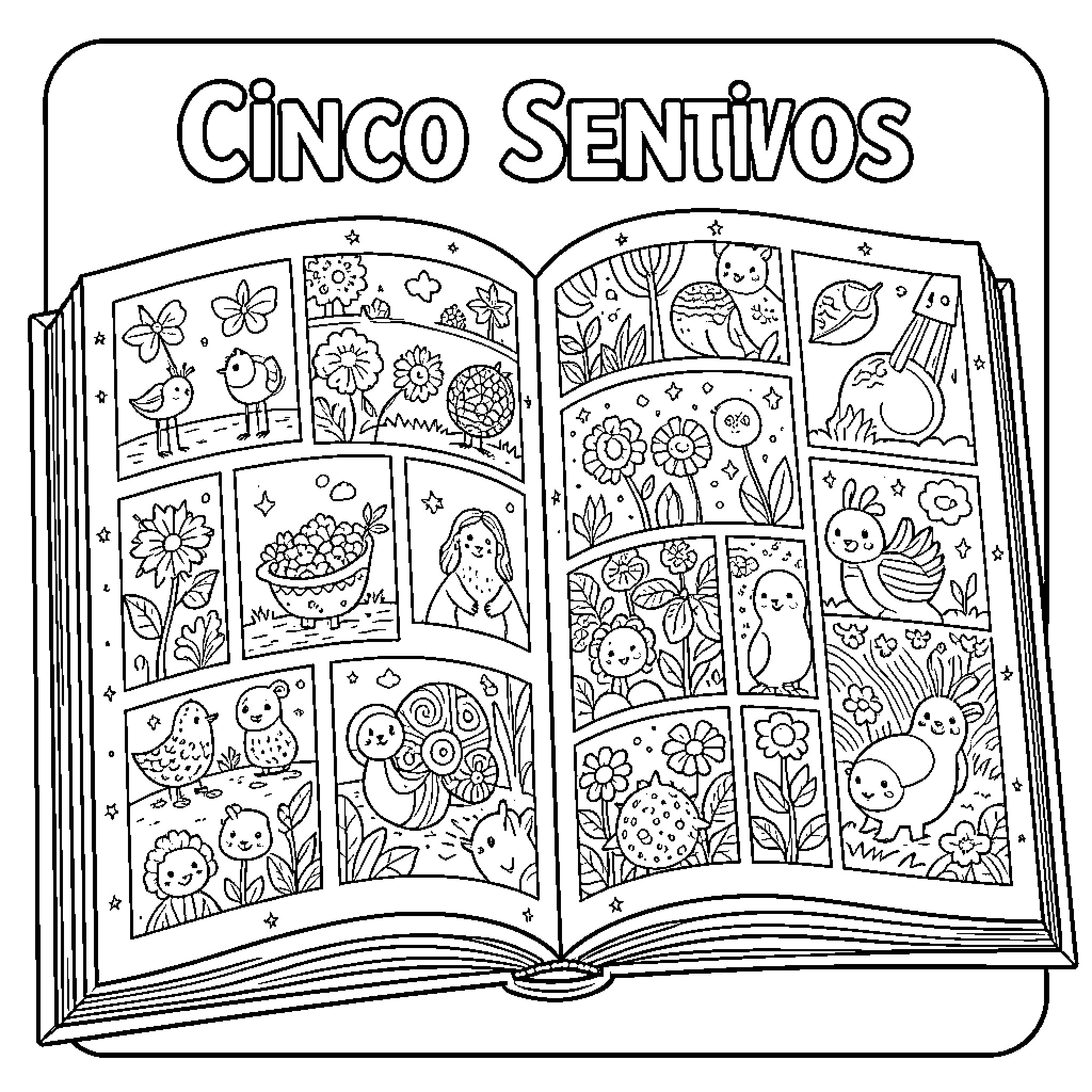 Five Senses Coloring Book with Playful Scenes Coloring Page (free black-and-white line drawing printable PDF for all, from beginners to advanced learners, including children, teens, adults, and seniors)