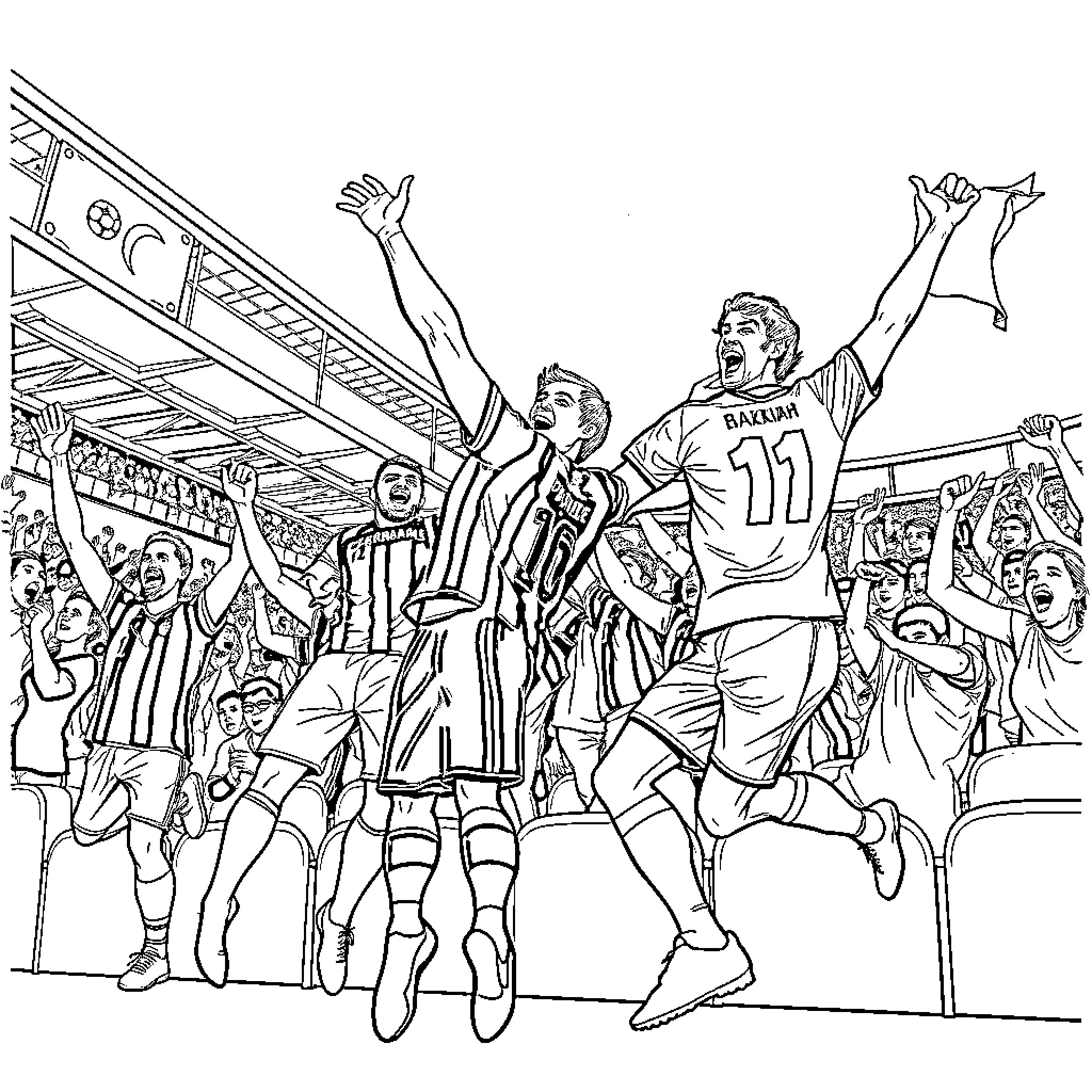 Fenerbahce Fans Celebrating Victory in Stadium Coloring Page (free black-and-white line drawing printable PDF for all, from beginners to advanced learners, including children, teens, adults, and seniors)