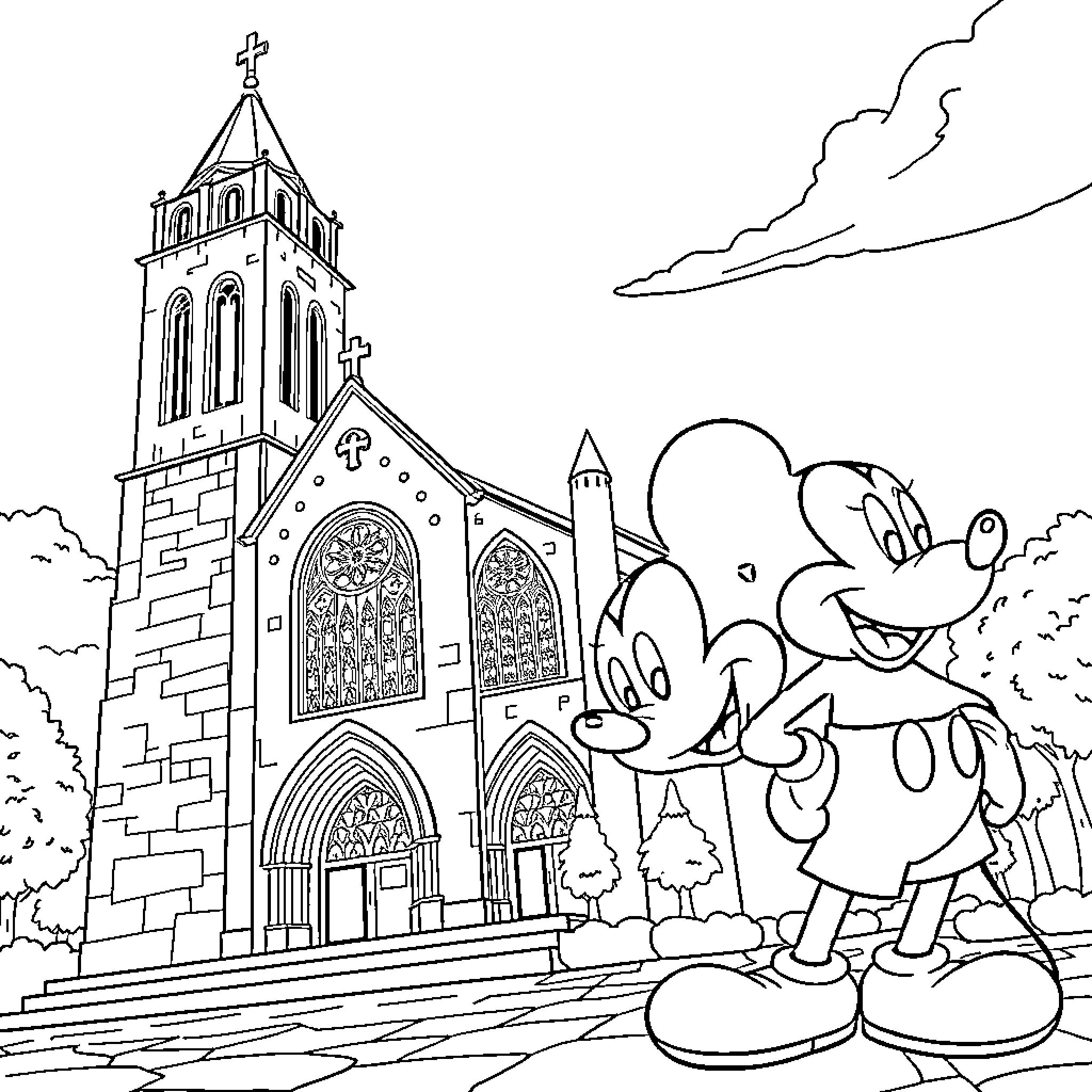 Mickey Mouse exploring a Gothic cathedral Coloring Page (free black-and-white line drawing printable PDF for all, from beginners to advanced learners, including children, teens, adults, and seniors)