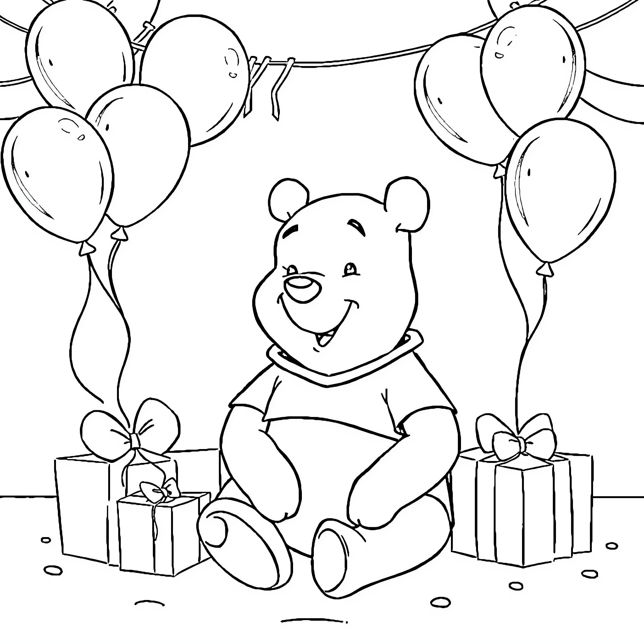 Winnie The Pooh with gifts and balloons Coloring Page (free black-and-white line drawing printable PDF for all, from beginners to advanced learners, including children, teens, adults, and seniors)