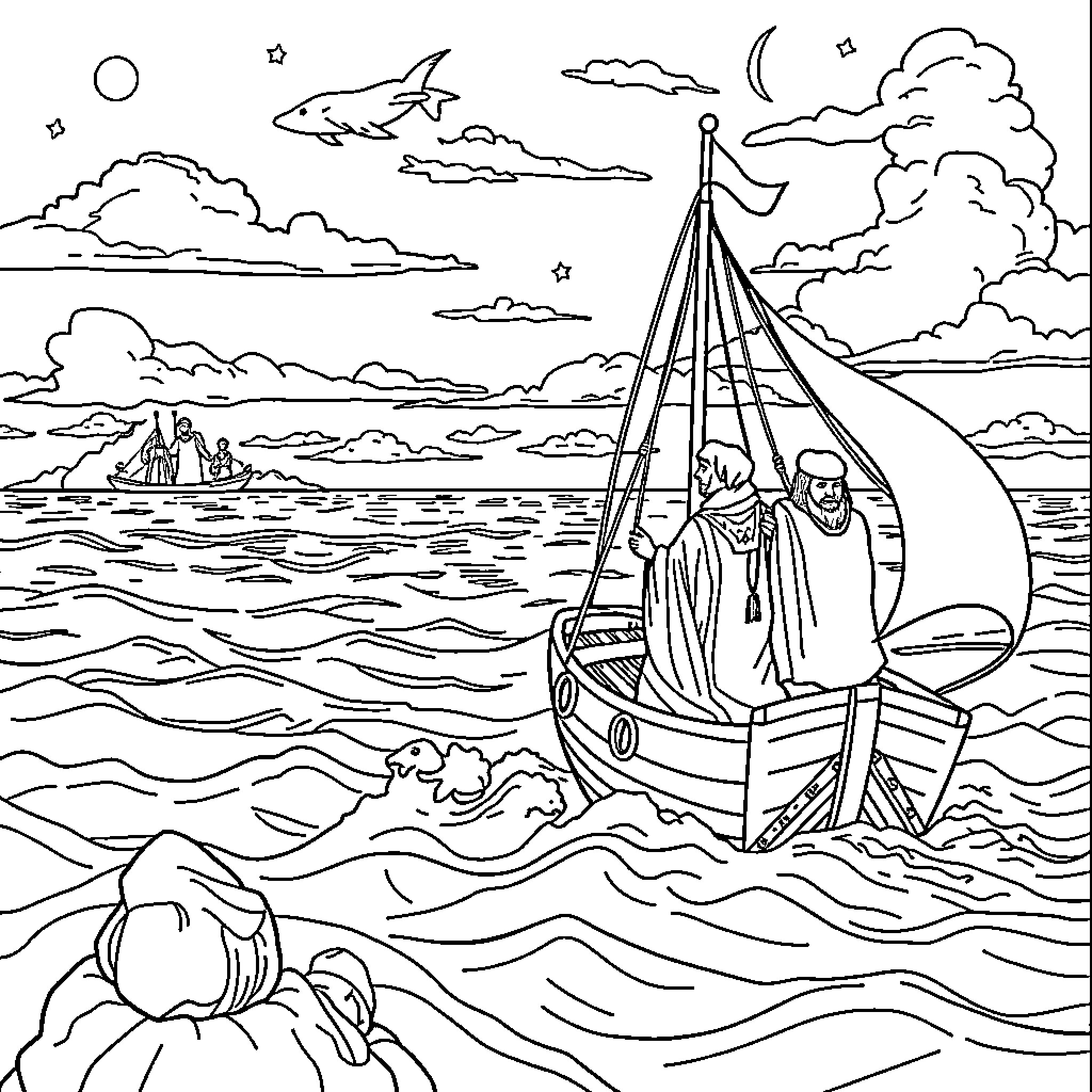 Explorer's Night Voyage on the High Seas Coloring Page (free black-and-white line drawing printable PDF for all, from beginners to advanced learners, including children, teens, adults, and seniors)