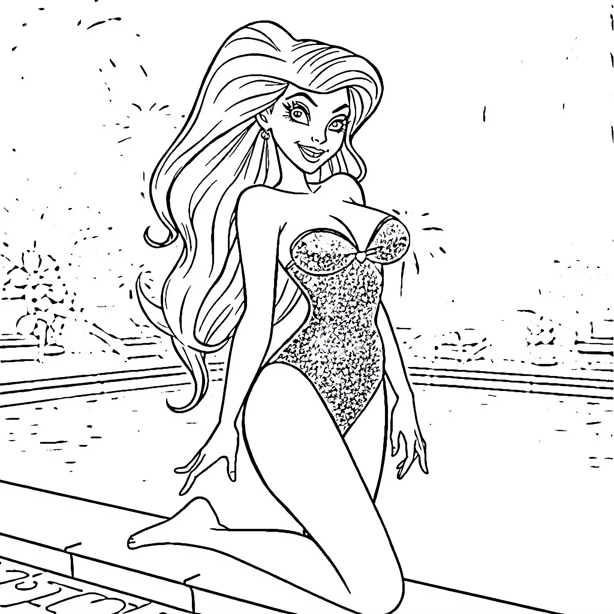 Jessica Rabbit in a sparkling swimsuit posing by the pool Coloring Page (free black-and-white line drawing printable PDF for all, from beginners to advanced learners, including children, teens, adults, and seniors)