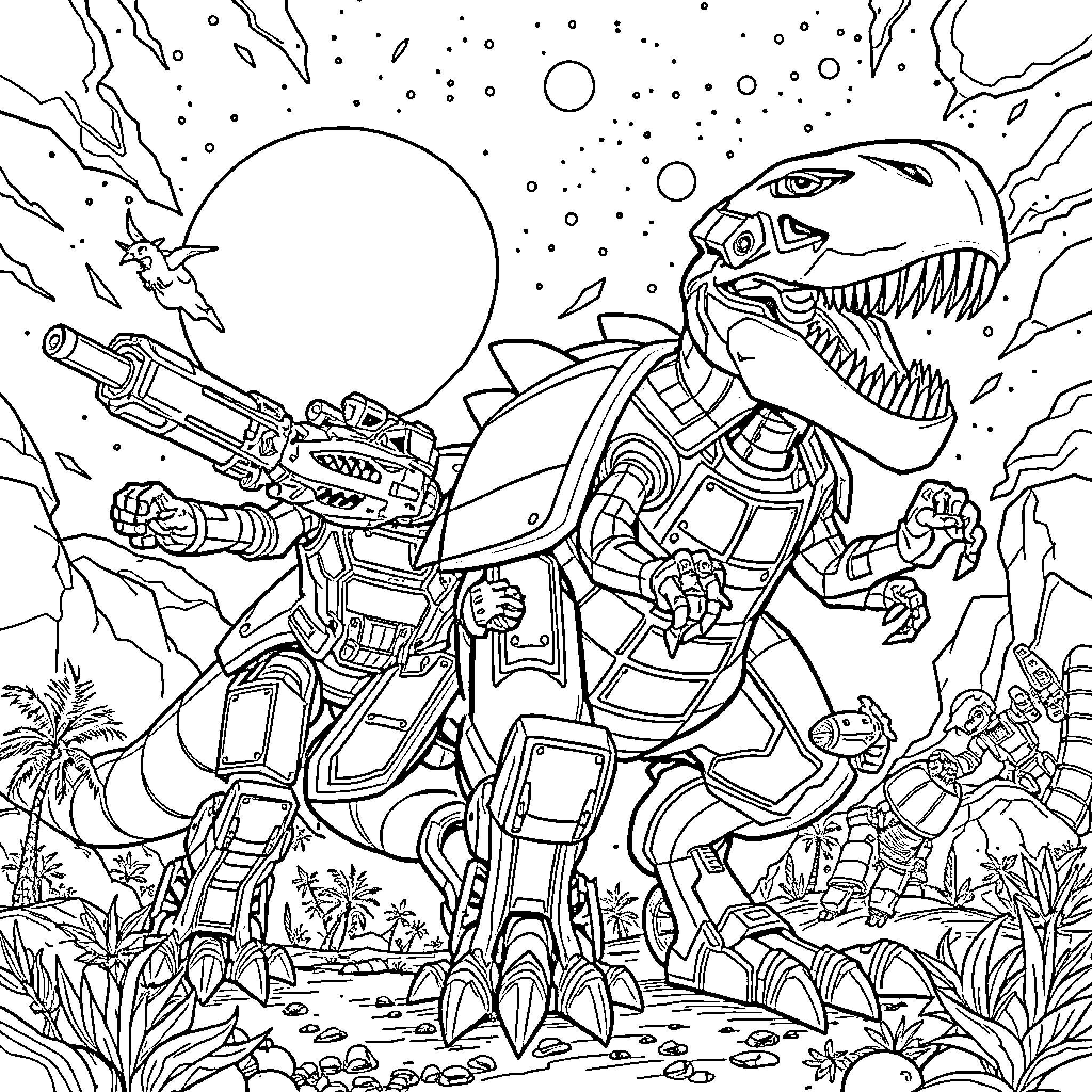 Robosaurus Battles in the Cosmic Jungle Coloring Page (free black-and-white line drawing printable PDF for all, from beginners to advanced learners, including children, teens, adults, and seniors)