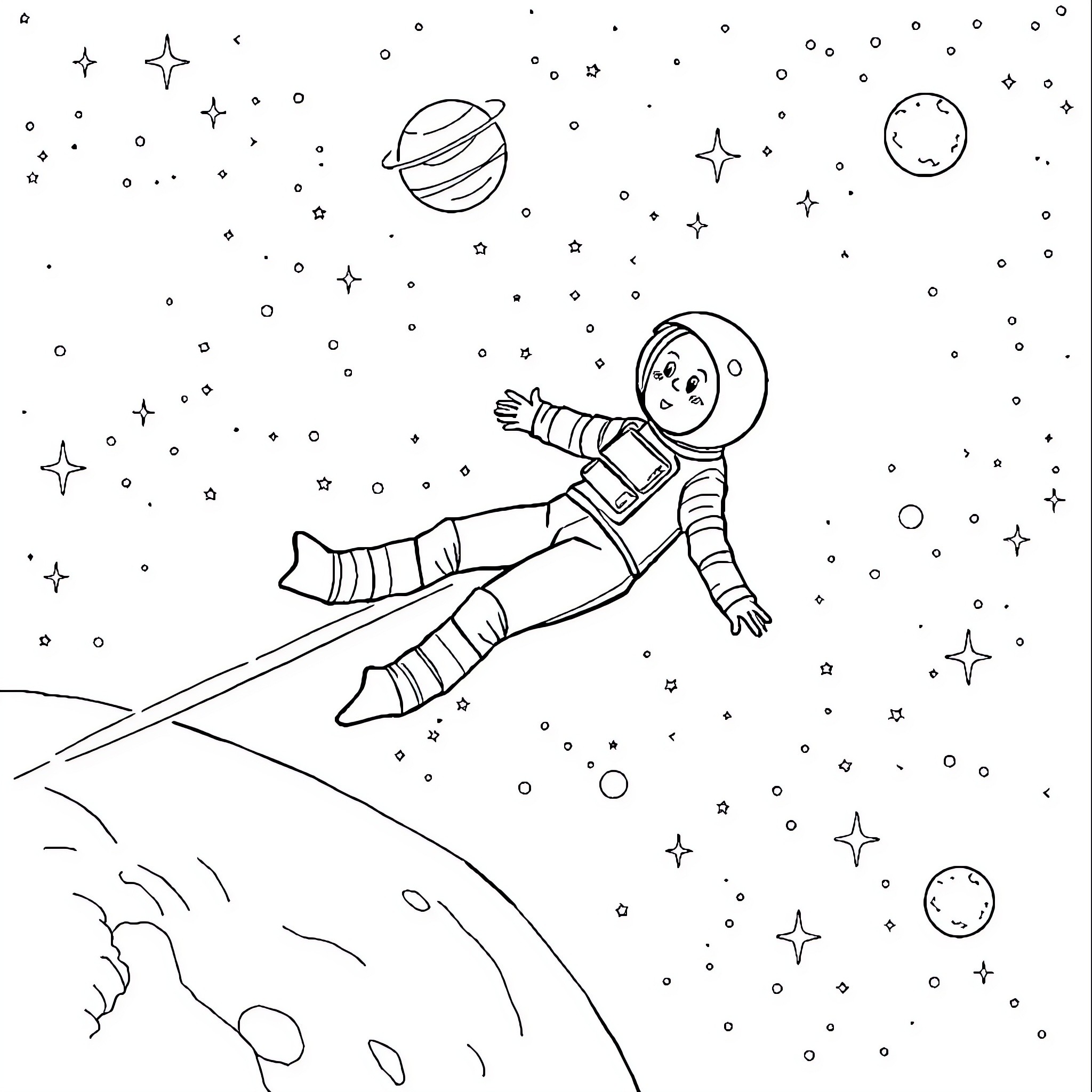 Francois Boulianne floats in space among the stars Coloring Page (free black-and-white line drawing printable PDF for all, from beginners to advanced learners, including children, teens, adults, and seniors)