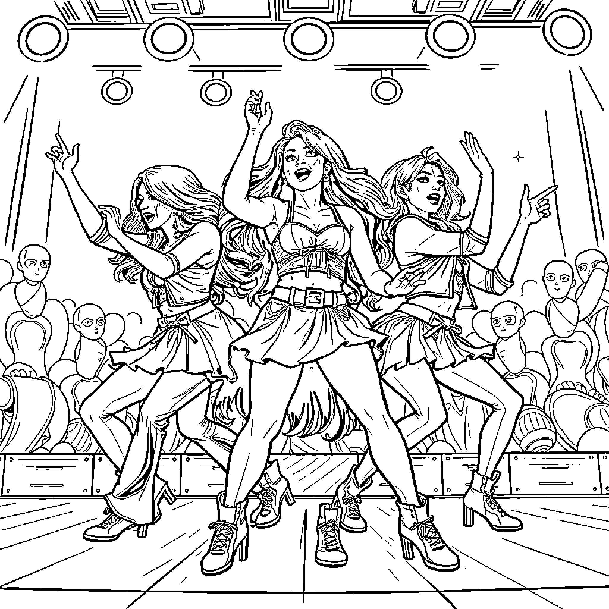 K-Pop Warriors Performing on Stage with Energy Coloring Page (free black-and-white line drawing printable PDF for all, from beginners to advanced learners, including children, teens, adults, and seniors)