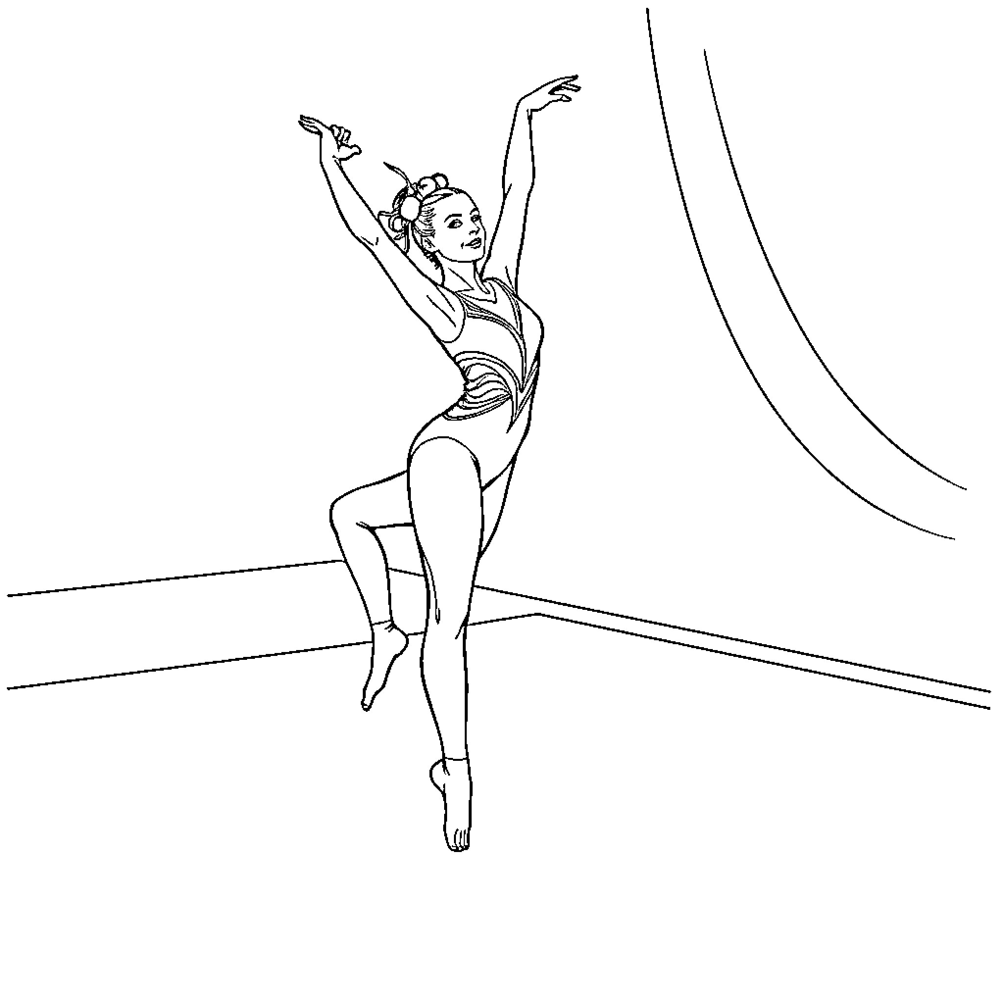 Gymnast performing balance and flexibility routine Coloring Page (free black-and-white line drawing printable PDF for all, from beginners to advanced learners, including children, teens, adults, and seniors)