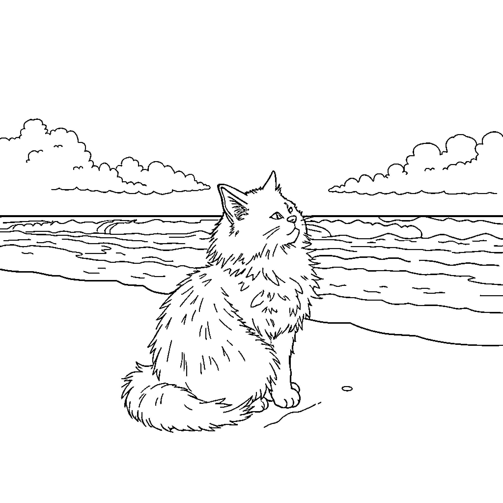 Cat gazing at the ocean Coloring Page (free black-and-white line drawing printable PDF for all, from beginners to advanced learners, including children, teens, adults, and seniors)
