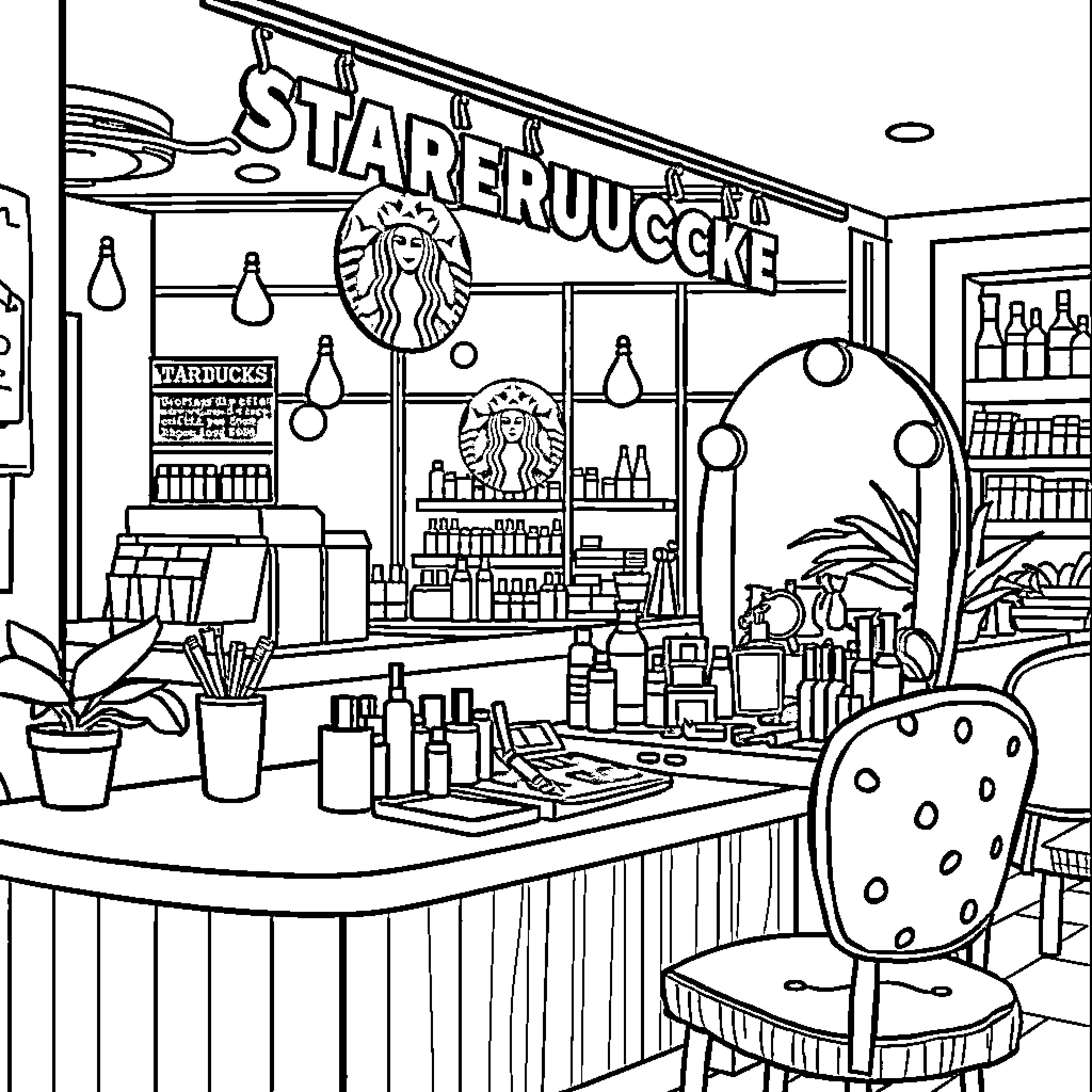 Starbucks coffee shop interior with assorted products Coloring Page (free black-and-white line drawing printable PDF for all, from beginners to advanced learners, including children, teens, adults, and seniors)
