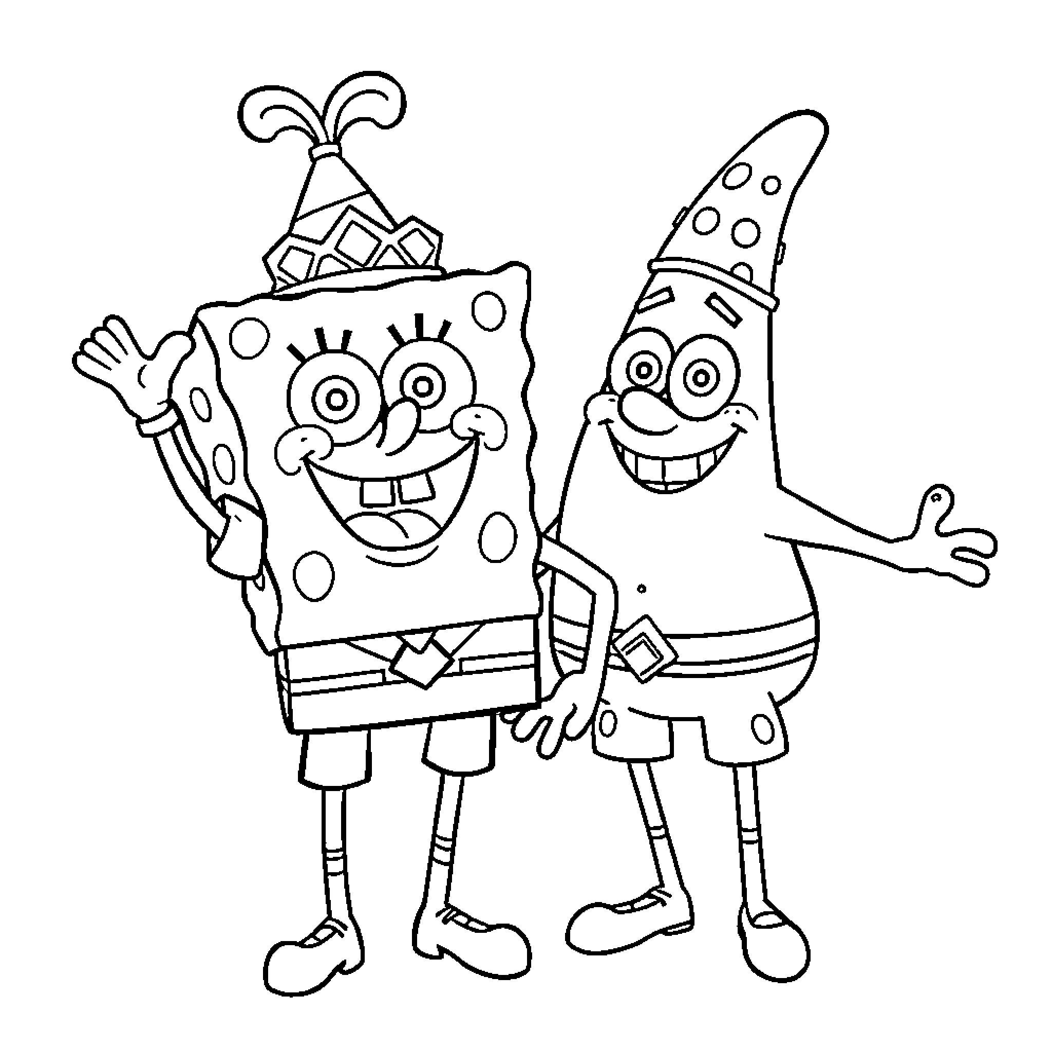 Spongebob and Patrick in playful poses Coloring Page (free black-and-white line drawing printable PDF for all, from beginners to advanced learners, including children, teens, adults, and seniors)