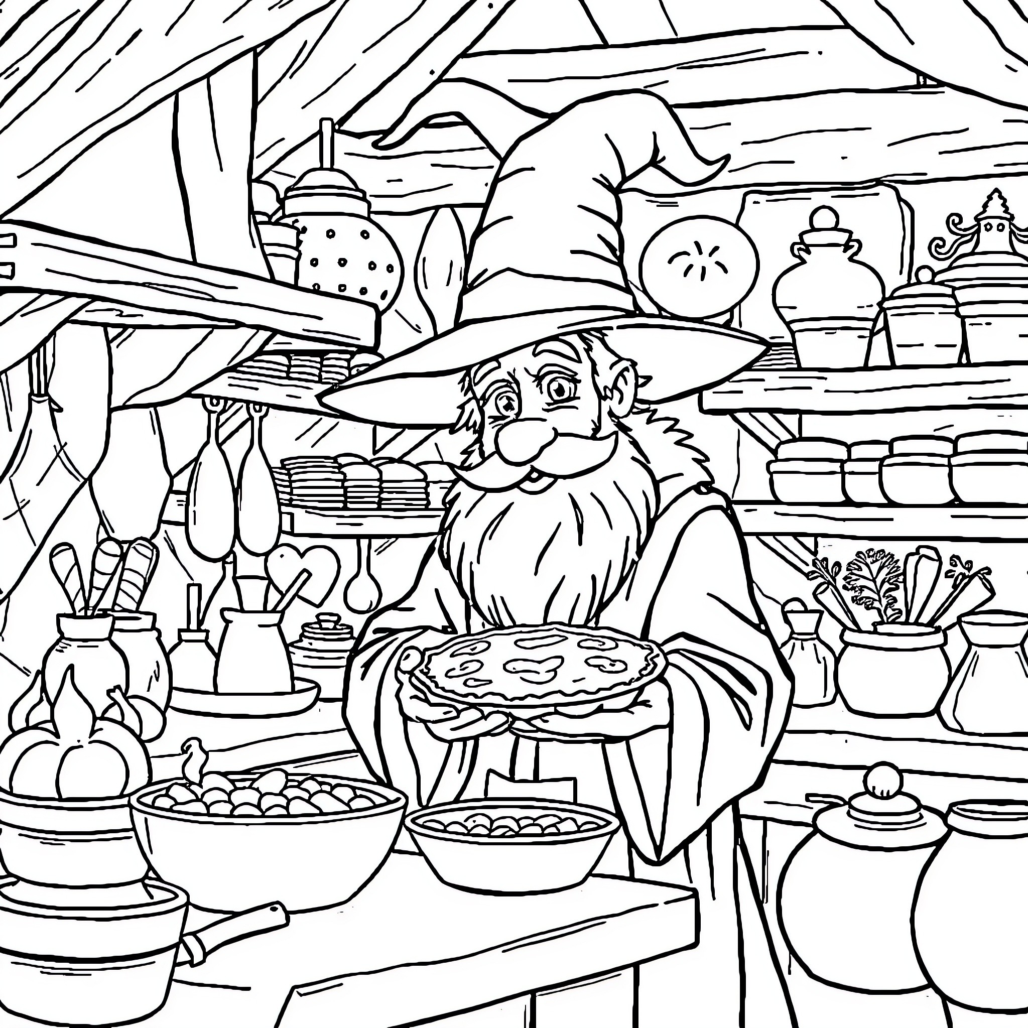 Wizard cooking in a magical kitchen Coloring Page (free black-and-white line drawing printable PDF for all, from beginners to advanced learners, including children, teens, adults, and seniors)