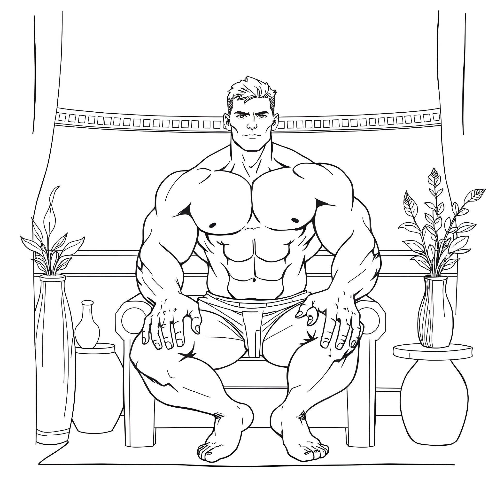 Man sitting confidently on a throne Coloring Page (free black-and-white line drawing printable PDF for all, from beginners to advanced learners, including children, teens, adults, and seniors)