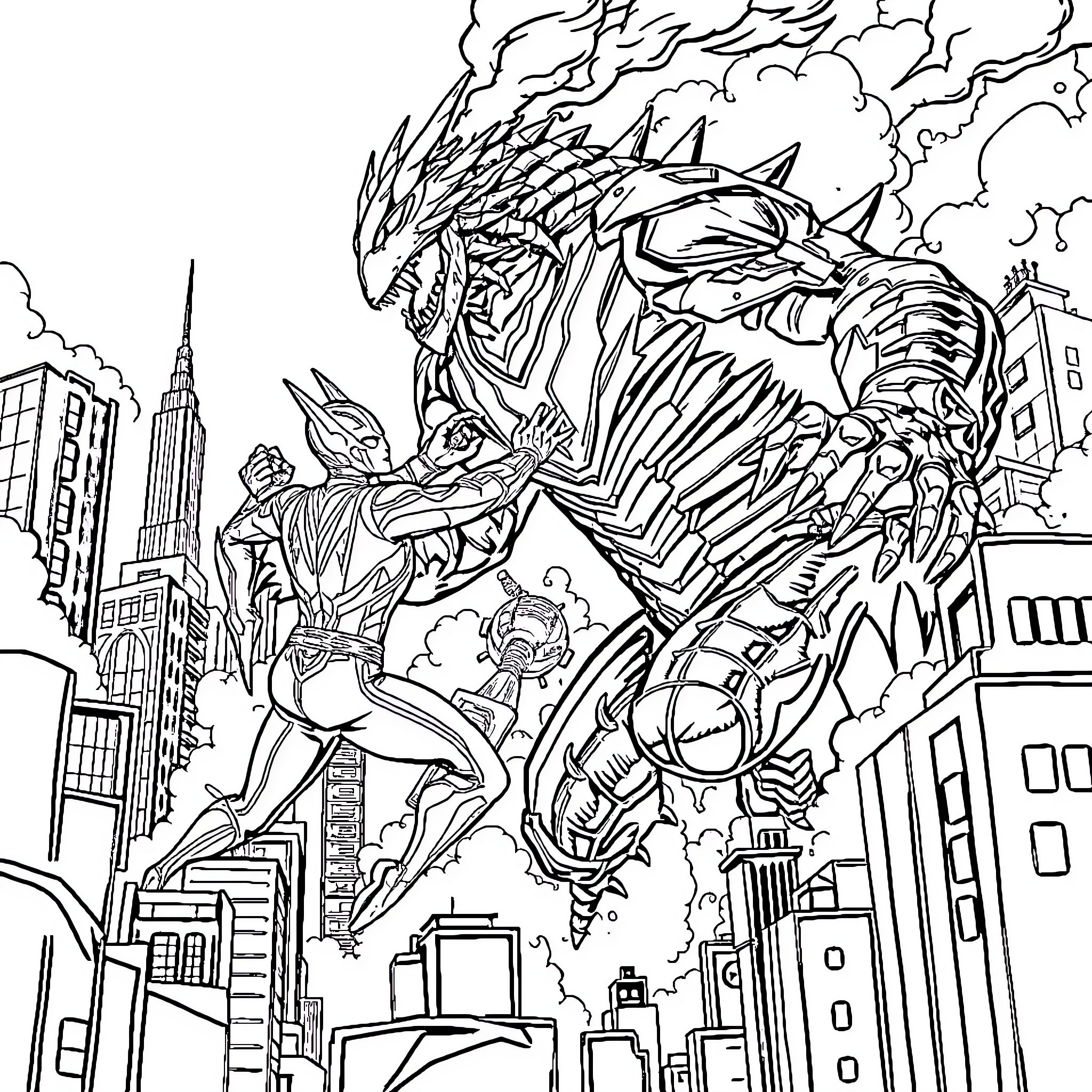 Ultraman battling a monstrous foe in a cityscape Coloring Page (free black-and-white line drawing printable PDF for all, from beginners to advanced learners, including children, teens, adults, and seniors)