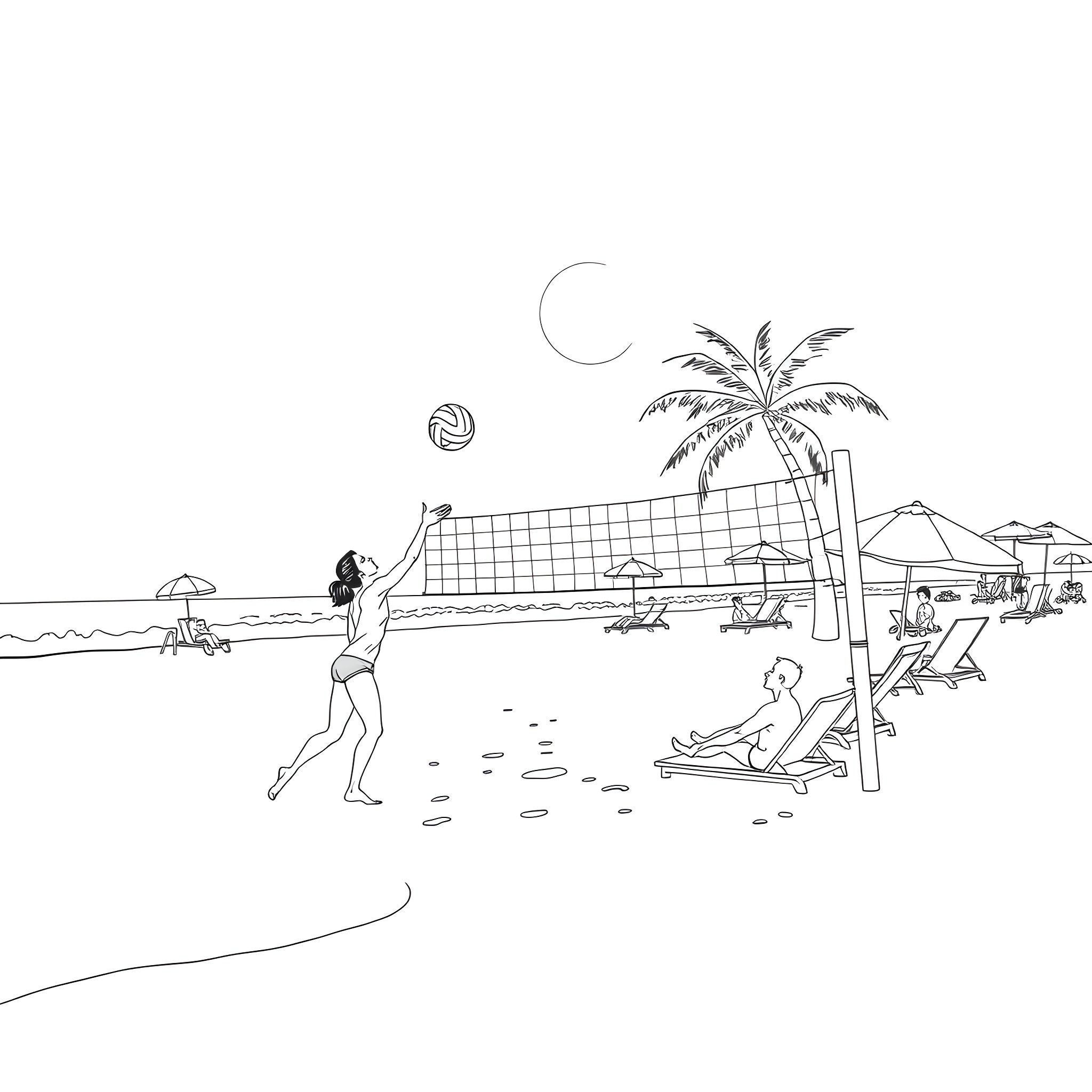 Milan Kunas enjoying a beach volleyball game at sunset Coloring Page (free black-and-white line drawing printable PDF for all, from beginners to advanced learners, including children, teens, adults, and seniors)