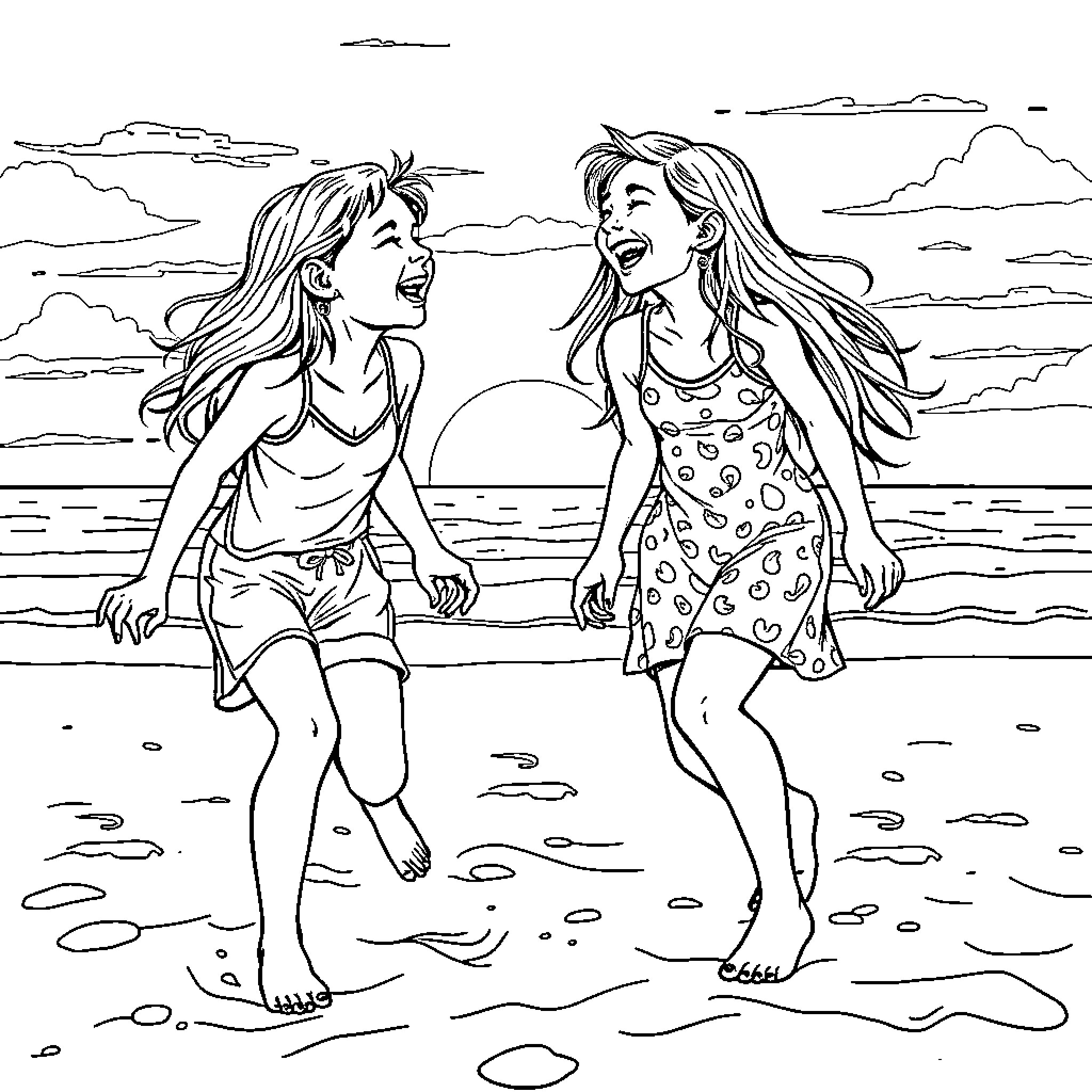 Friend's Joyful Beach Moment Coloring Page (free black-and-white line drawing printable PDF for all, from beginners to advanced learners, including children, teens, adults, and seniors)
