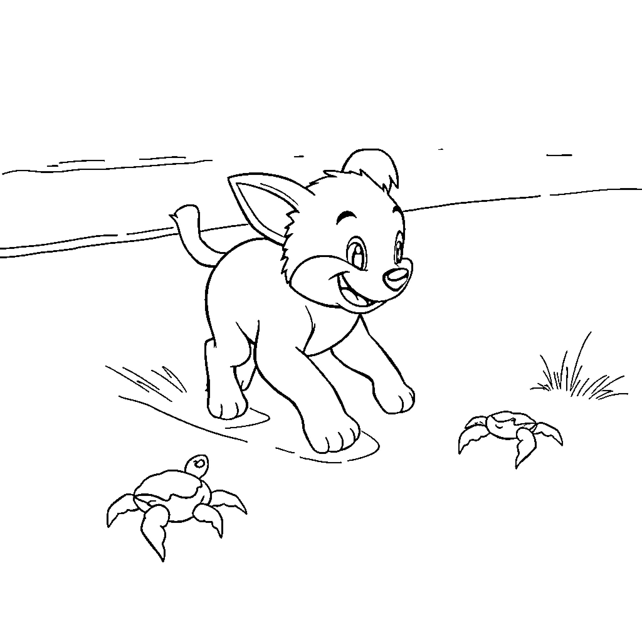 Bluey playing cheerfully in the countryside Coloring Page (free black-and-white line drawing printable PDF for all, from beginners to advanced learners, including children, teens, adults, and seniors)