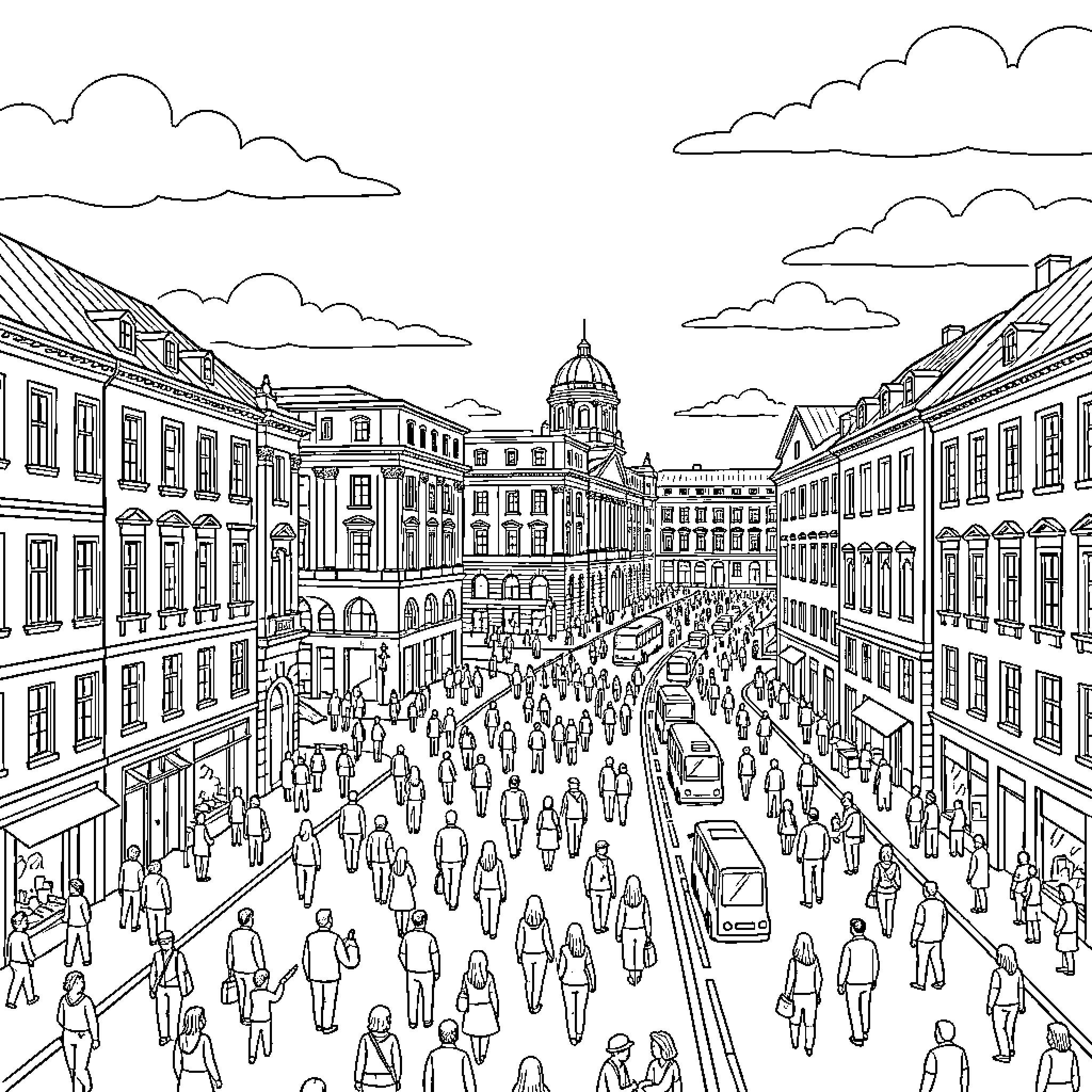 Berlin street scene with bustling crowds and historic architecture Coloring Page (free black-and-white line drawing printable PDF for all, from beginners to advanced learners, including children, teens, adults, and seniors)