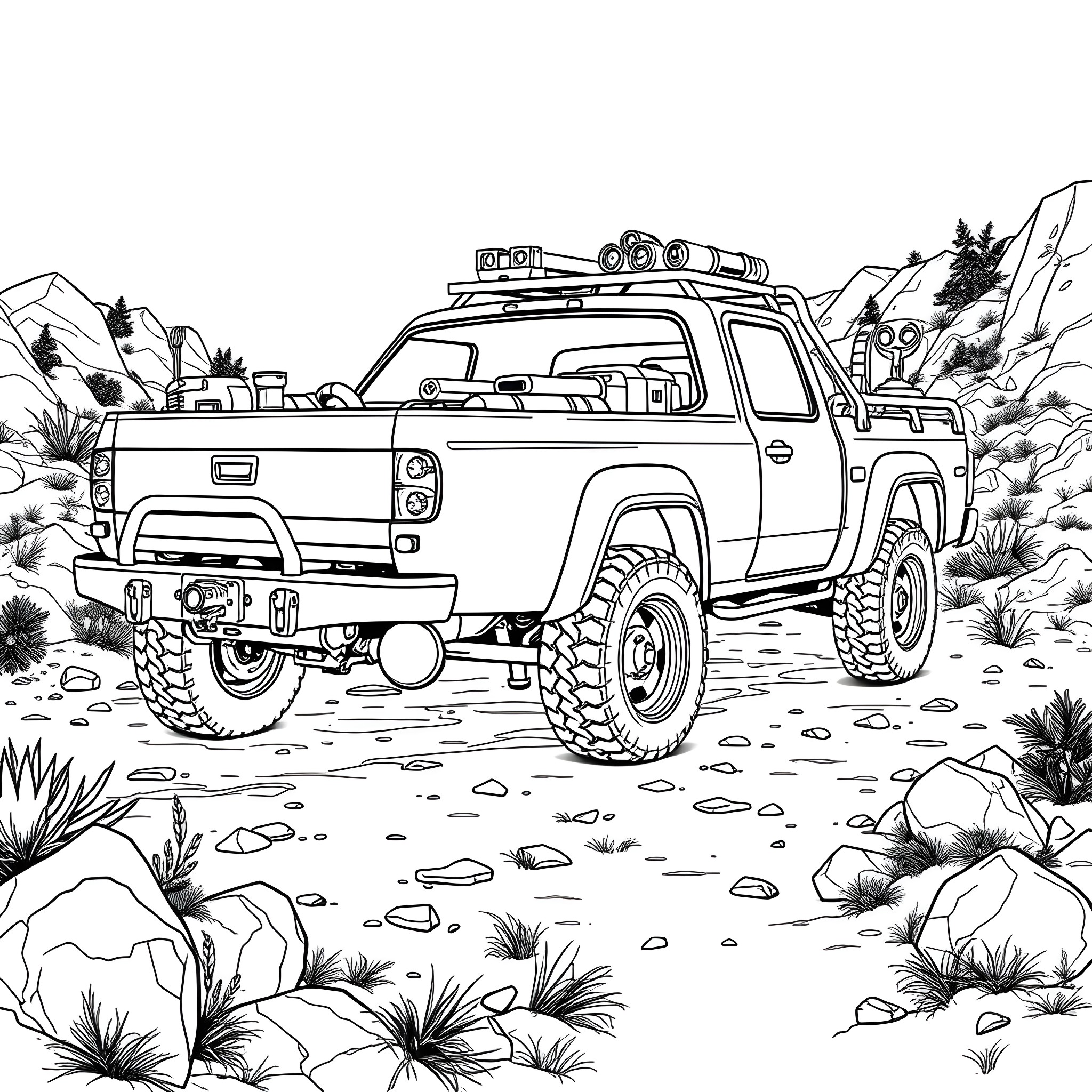 Pick Up Truck Off-Roading in the Wilderness Coloring Page (free black-and-white line drawing printable PDF for all, from beginners to advanced learners, including children, teens, adults, and seniors)