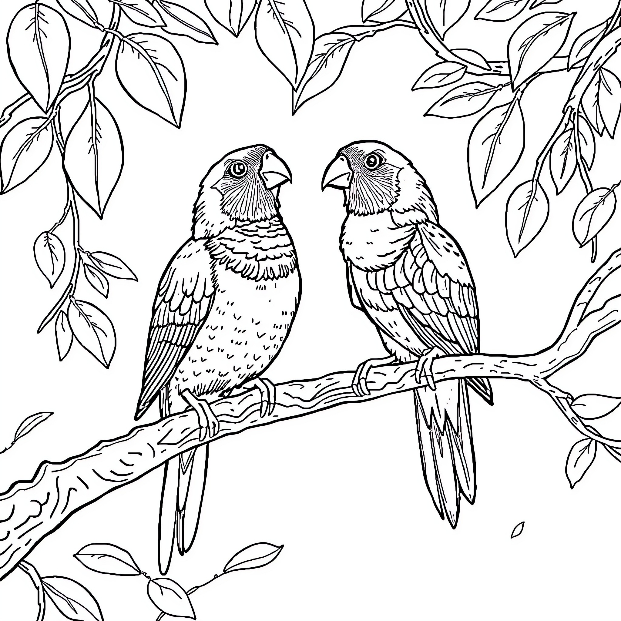 Titled Tropical Birds Resting on Branch Coloring Page (free black-and-white line drawing printable PDF for all, from beginners to advanced learners, including children, teens, adults, and seniors)