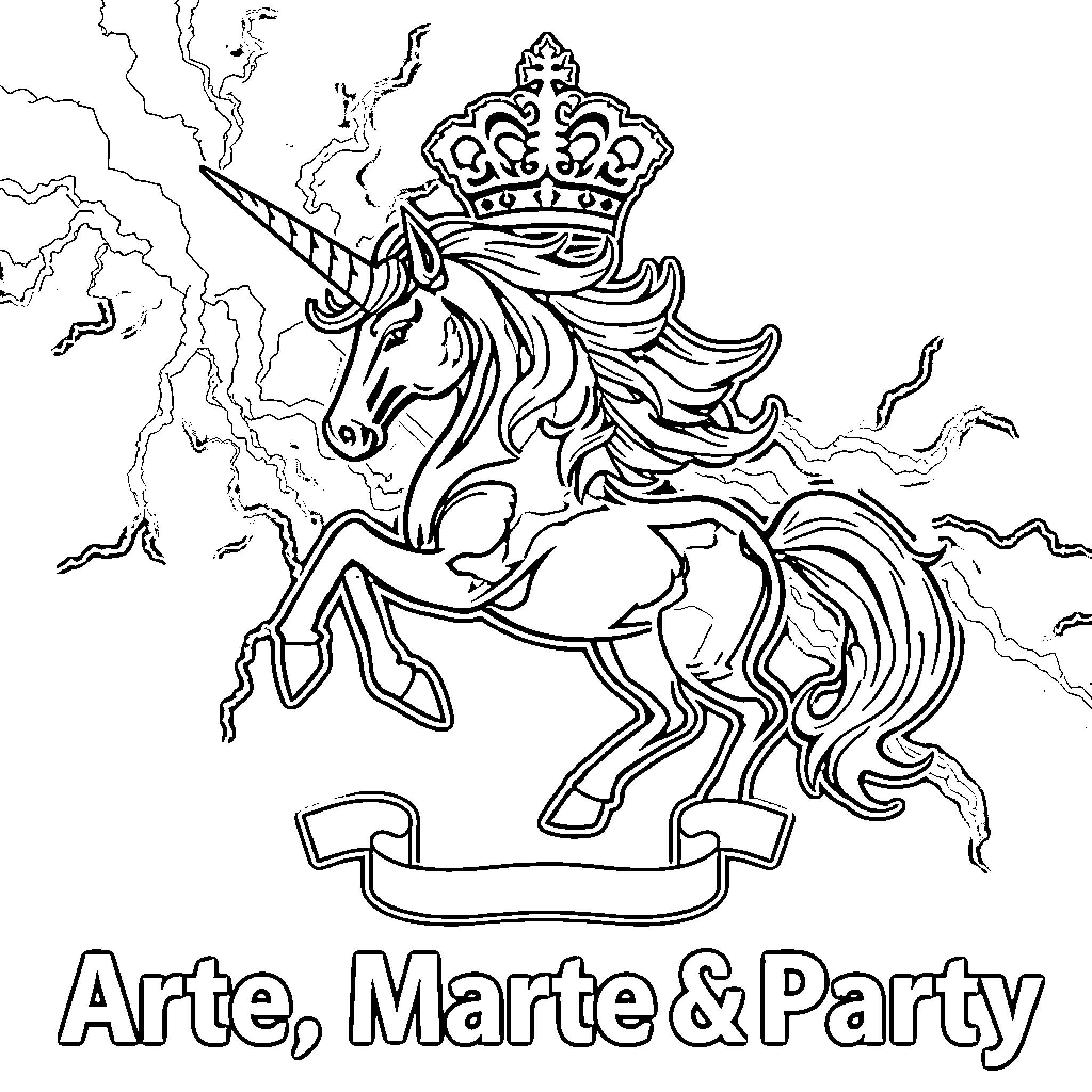 Unicorn with a crown prancing through the night Coloring Page (free black-and-white line drawing printable PDF for all, from beginners to advanced learners, including children, teens, adults, and seniors)