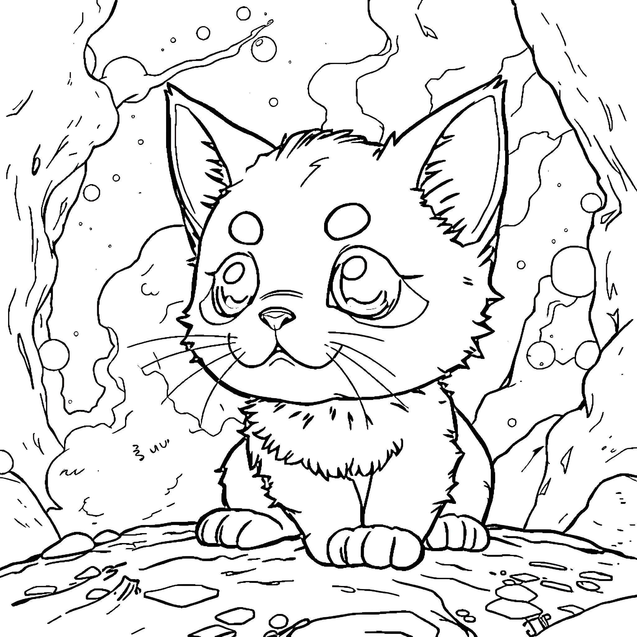 Puppycat exploring the snowy wilderness Coloring Page (free black-and-white line drawing printable PDF for all, from beginners to advanced learners, including children, teens, adults, and seniors)