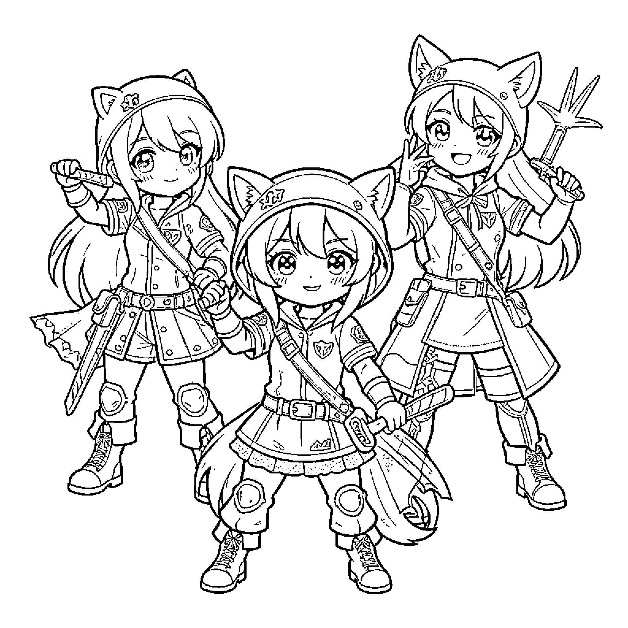 Daemon Hunter Trio in Anime-Style Outfit and Pose Coloring Page (free black-and-white line drawing printable PDF for all, from beginners to advanced learners, including children, teens, adults, and seniors)