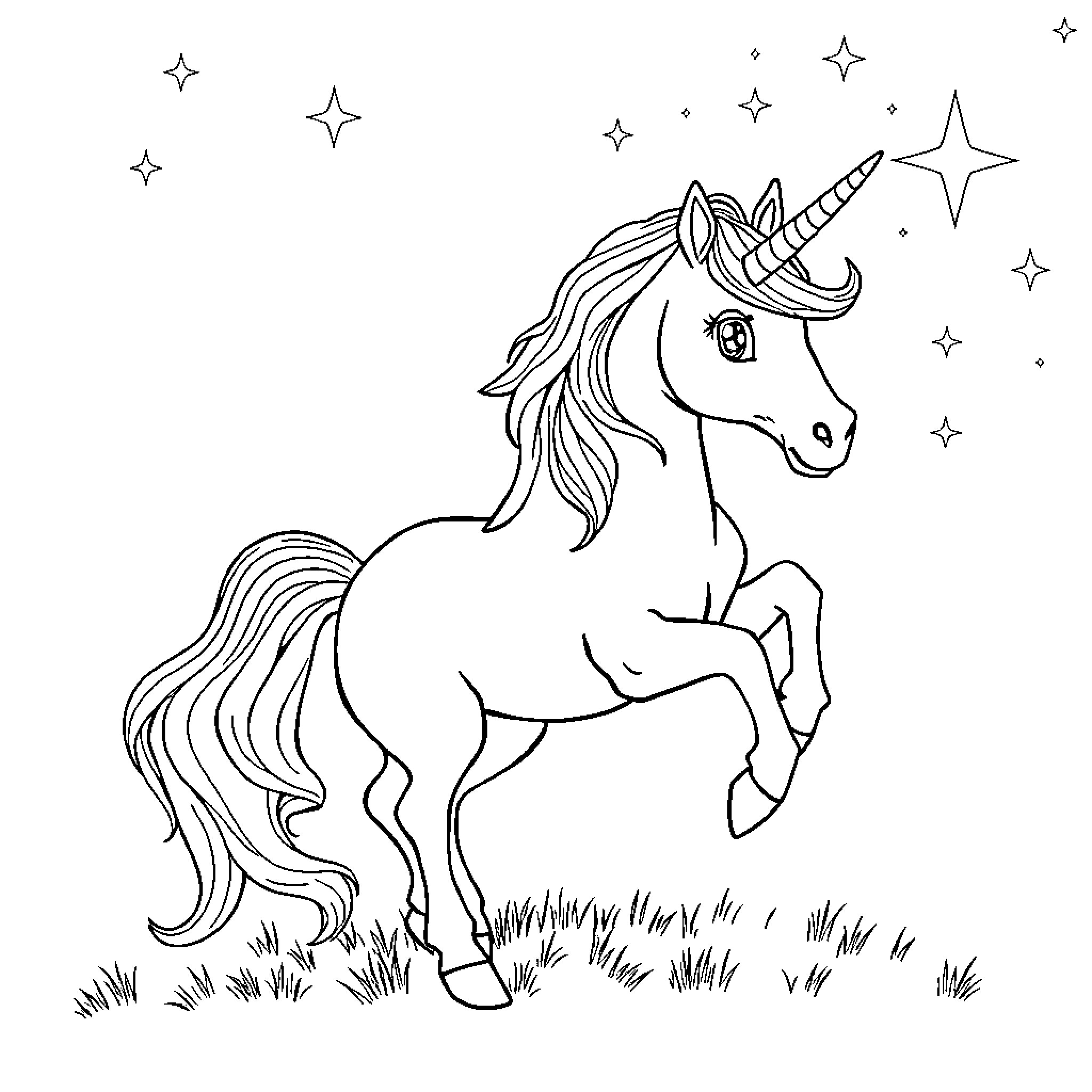 Unicorn prancing among glittering stars Coloring Page (free black-and-white line drawing printable PDF for all, from beginners to advanced learners, including children, teens, adults, and seniors)