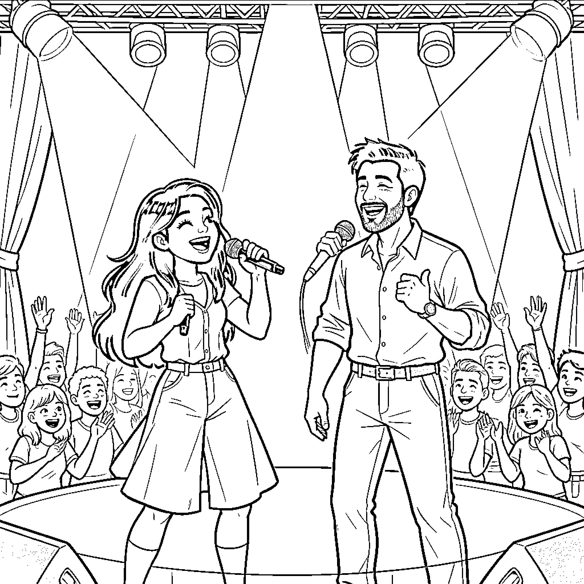 Lara Campos performing on stage with a male companion Coloring Page (free black-and-white line drawing printable PDF for all, from beginners to advanced learners, including children, teens, adults, and seniors)