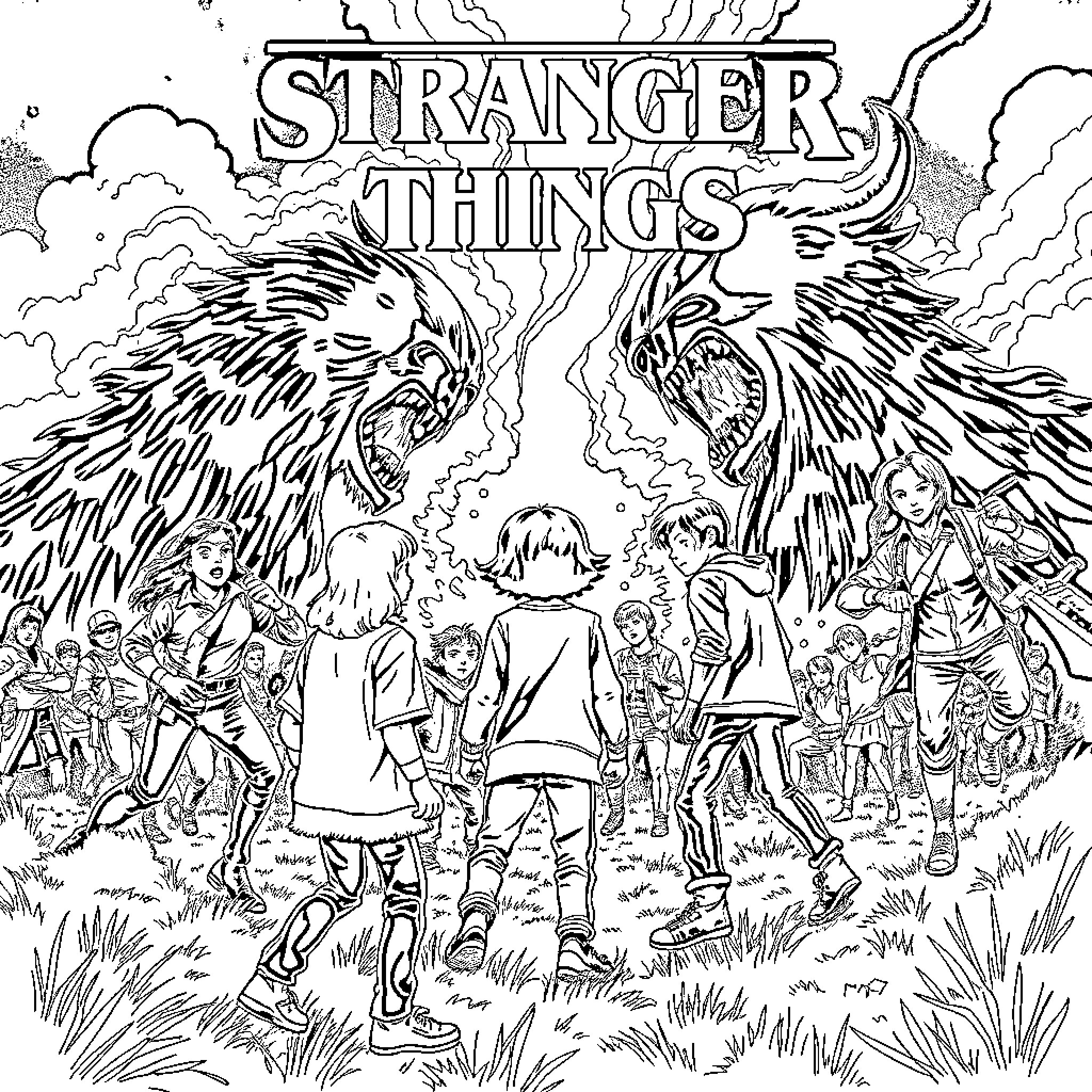 Stranger Things: Friends Facing Mysterious Creatures Coloring Page (free black-and-white line drawing printable PDF for all, from beginners to advanced learners, including children, teens, adults, and seniors)