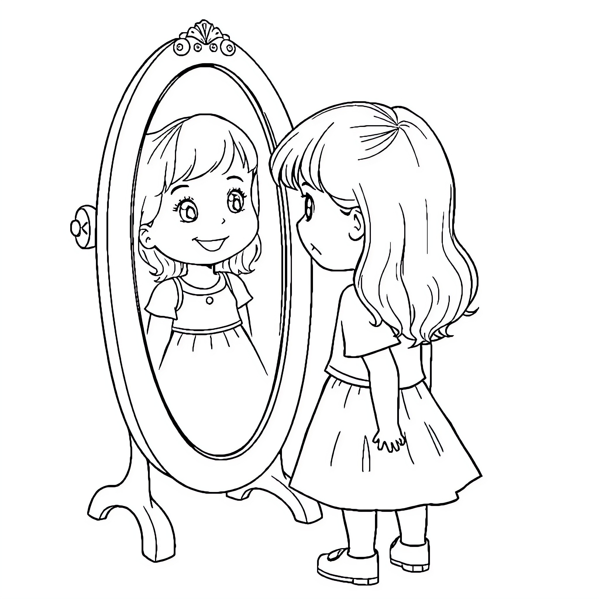 Girl admiring herself in the mirror Coloring Page (free black-and-white line drawing printable PDF for all, from beginners to advanced learners, including children, teens, adults, and seniors)