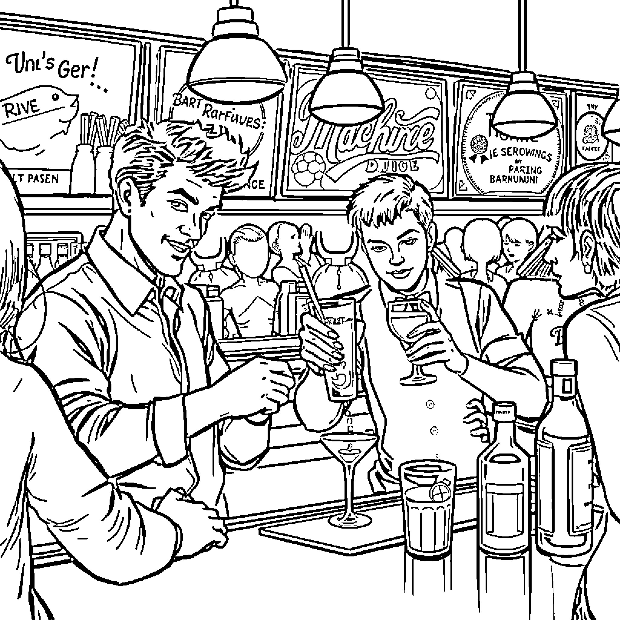 Bartender serving drinks to a crowded bar scene Coloring Page (free black-and-white line drawing printable PDF for all, from beginners to advanced learners, including children, teens, adults, and seniors)