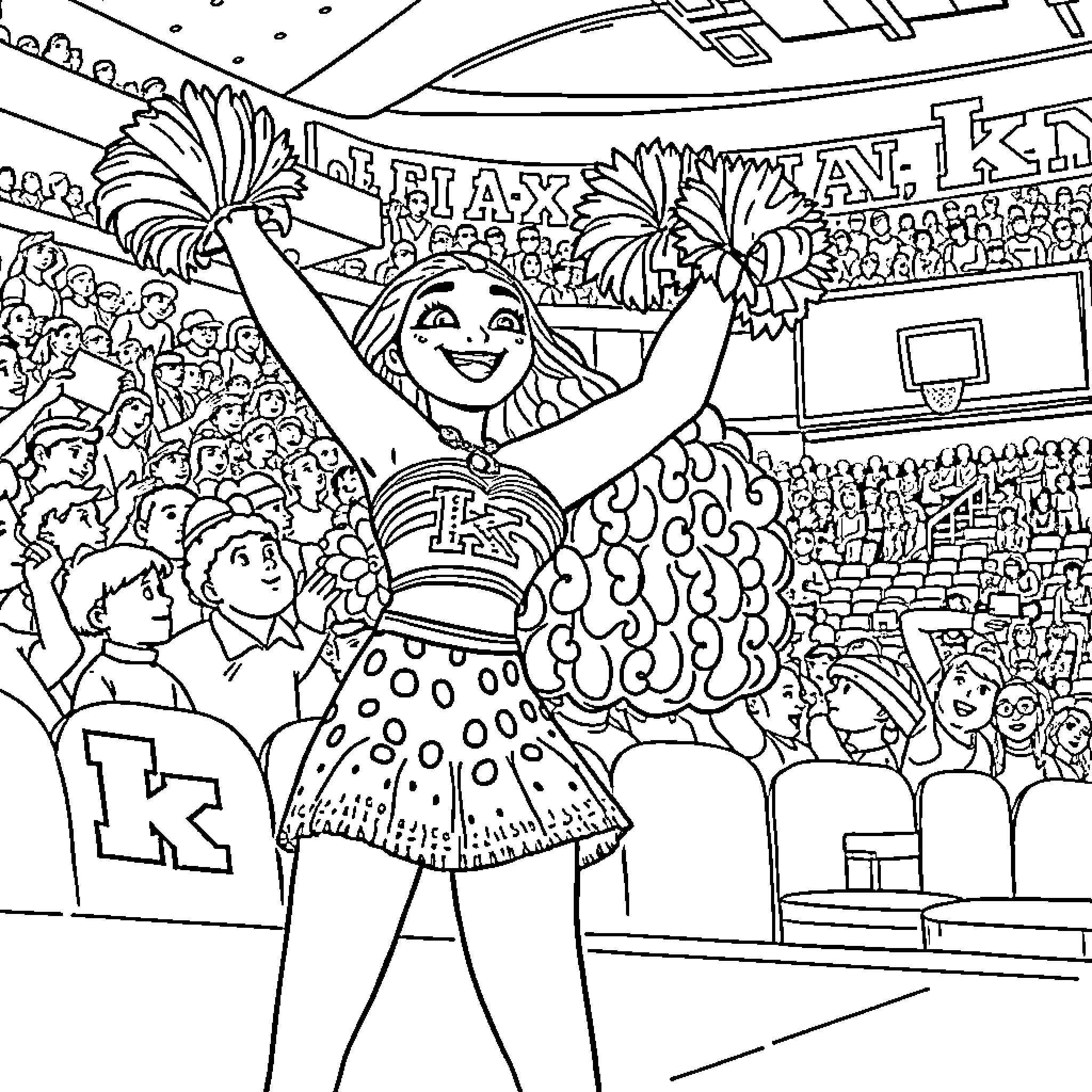 Moana Celebrating Lively School Spirit and Enthusiasm Coloring Page (free black-and-white line drawing printable PDF for all, from beginners to advanced learners, including children, teens, adults, and seniors)