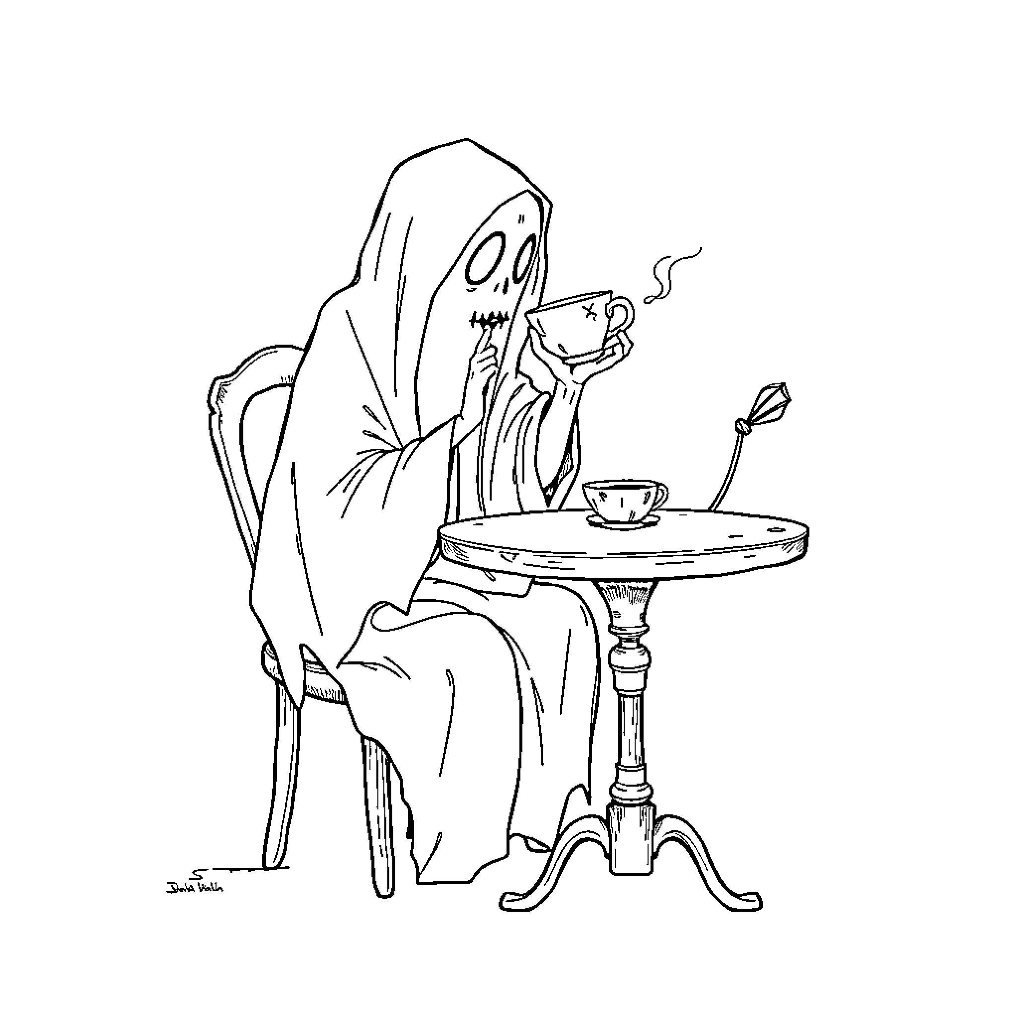 Ghost sipping tea alone at a table Coloring Page (free black-and-white line drawing printable PDF for all, from beginners to advanced learners, including children, teens, adults, and seniors)