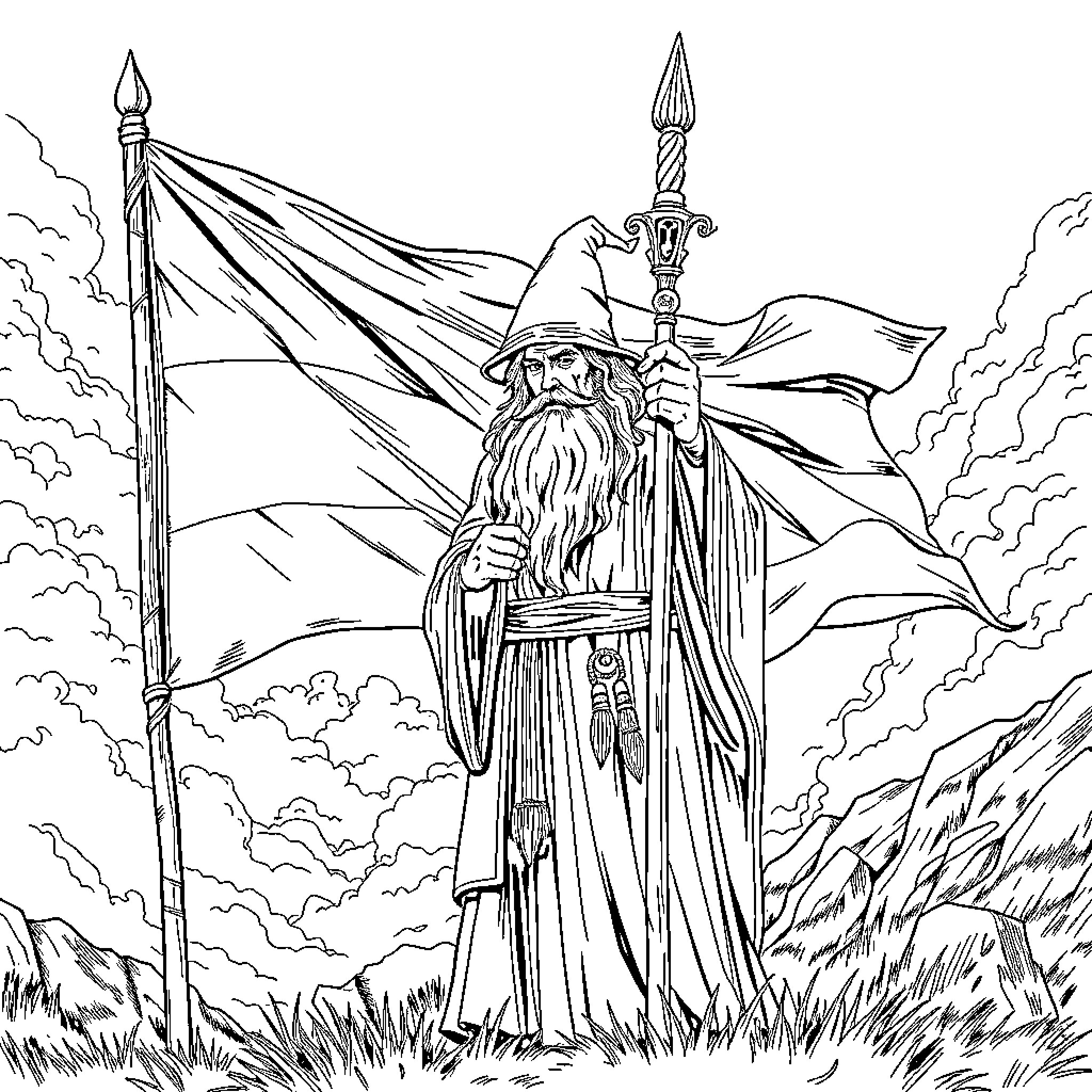 Gandalf the Wise standing proudly with staff and banner Coloring Page (free black-and-white line drawing printable PDF for all, from beginners to advanced learners, including children, teens, adults, and seniors)