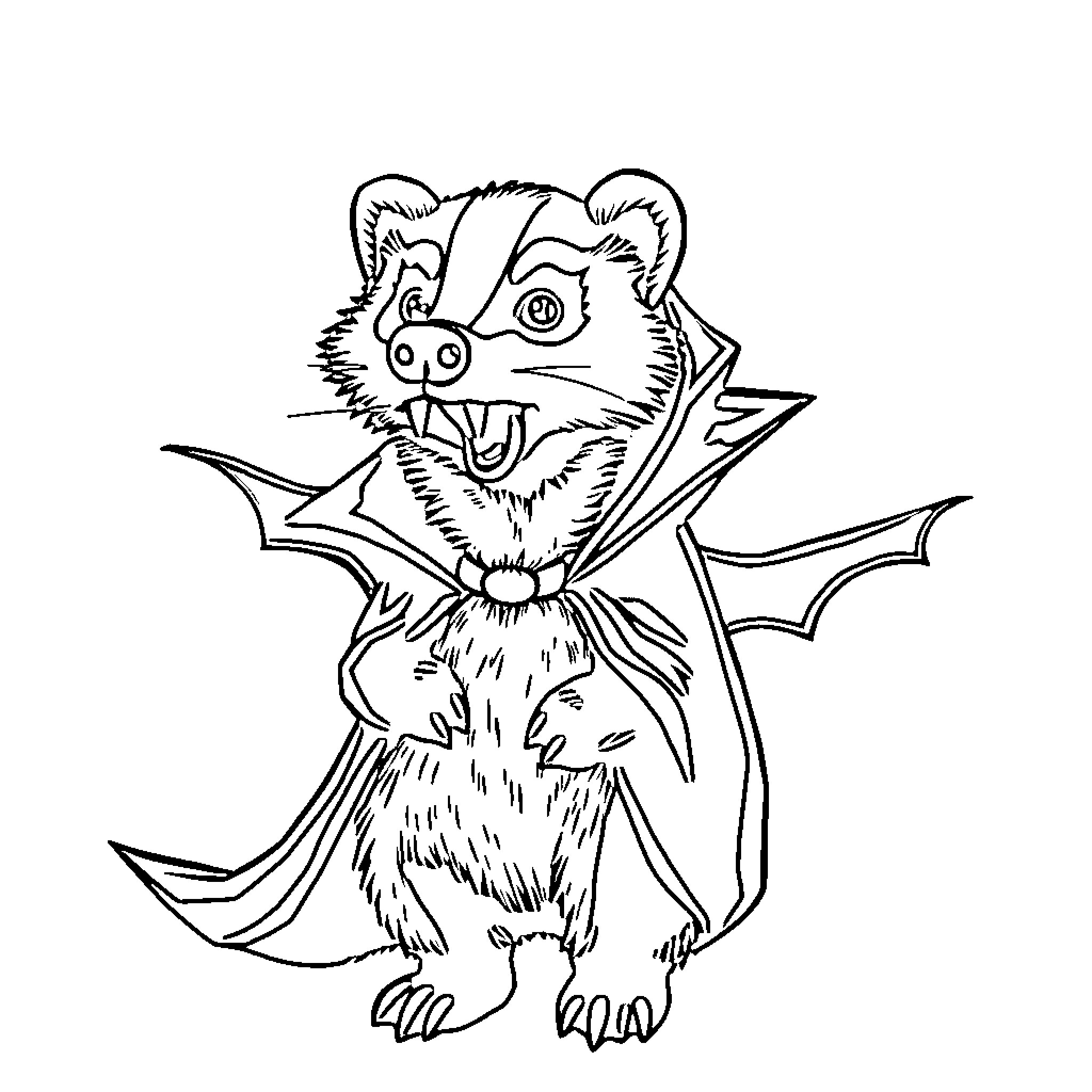 Badger creature with bat wings and sharp claws Coloring Page (free black-and-white line drawing printable PDF for all, from beginners to advanced learners, including children, teens, adults, and seniors)